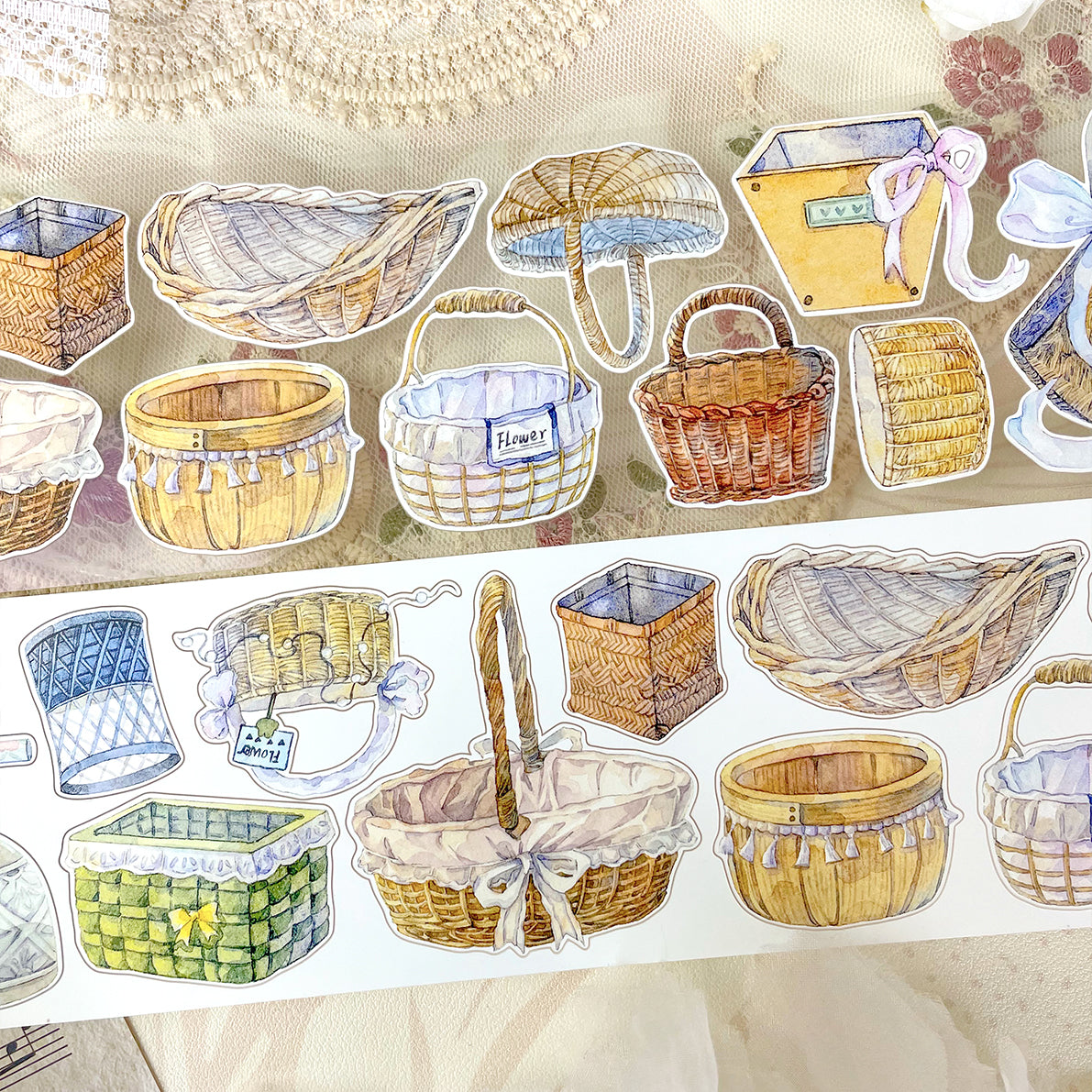 BaiCang【Vase and Flower Basket】Orginal Design Washi/Pet Tape Light Retro Landscaping Stickers,for Scrapbook Supplies,Scrapbook Tape Stickers,Junk Journal Supplies