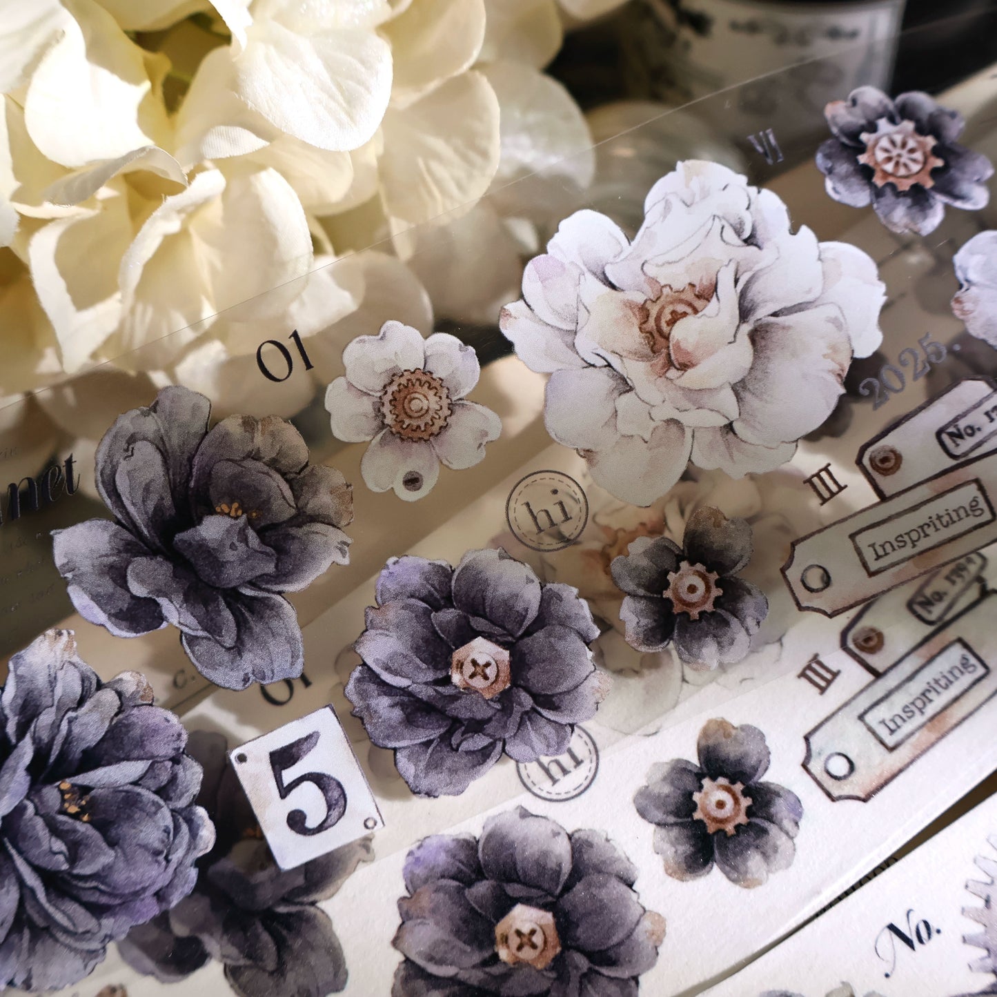YiEr Vol13【Smoke Ink White】Orginal Design Washi/Pet Floral Tape Light Retro Landscaping Stickers