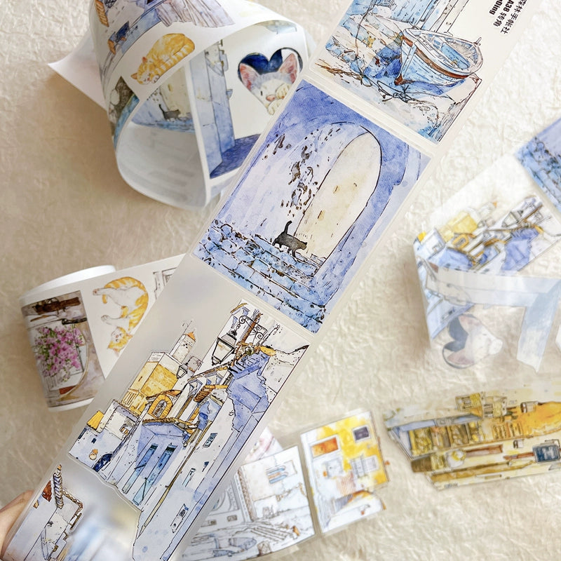 Seahorse Forest Vol6【A38#Corner】Cute Cat and House Scenery,Original Design Pre-Cut Washi/PET Tape Stickers,for Scrapbook Supplies,Junk Journal Supplies