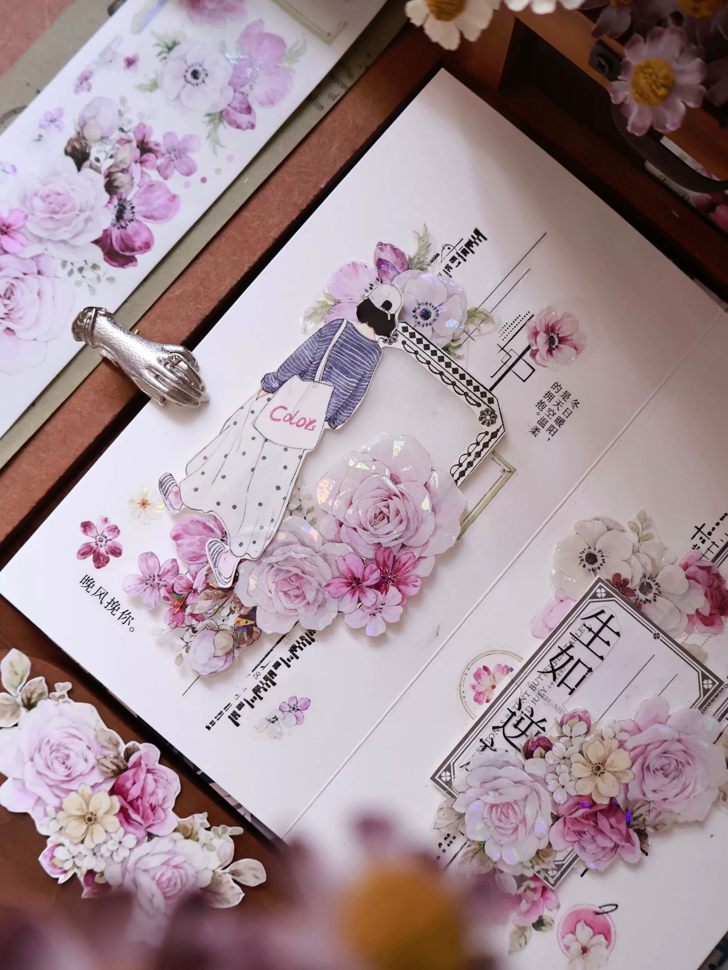 YiEr Vol14【Purple Mist Yarn】Rose Floral Washi Tape and PET Stickers