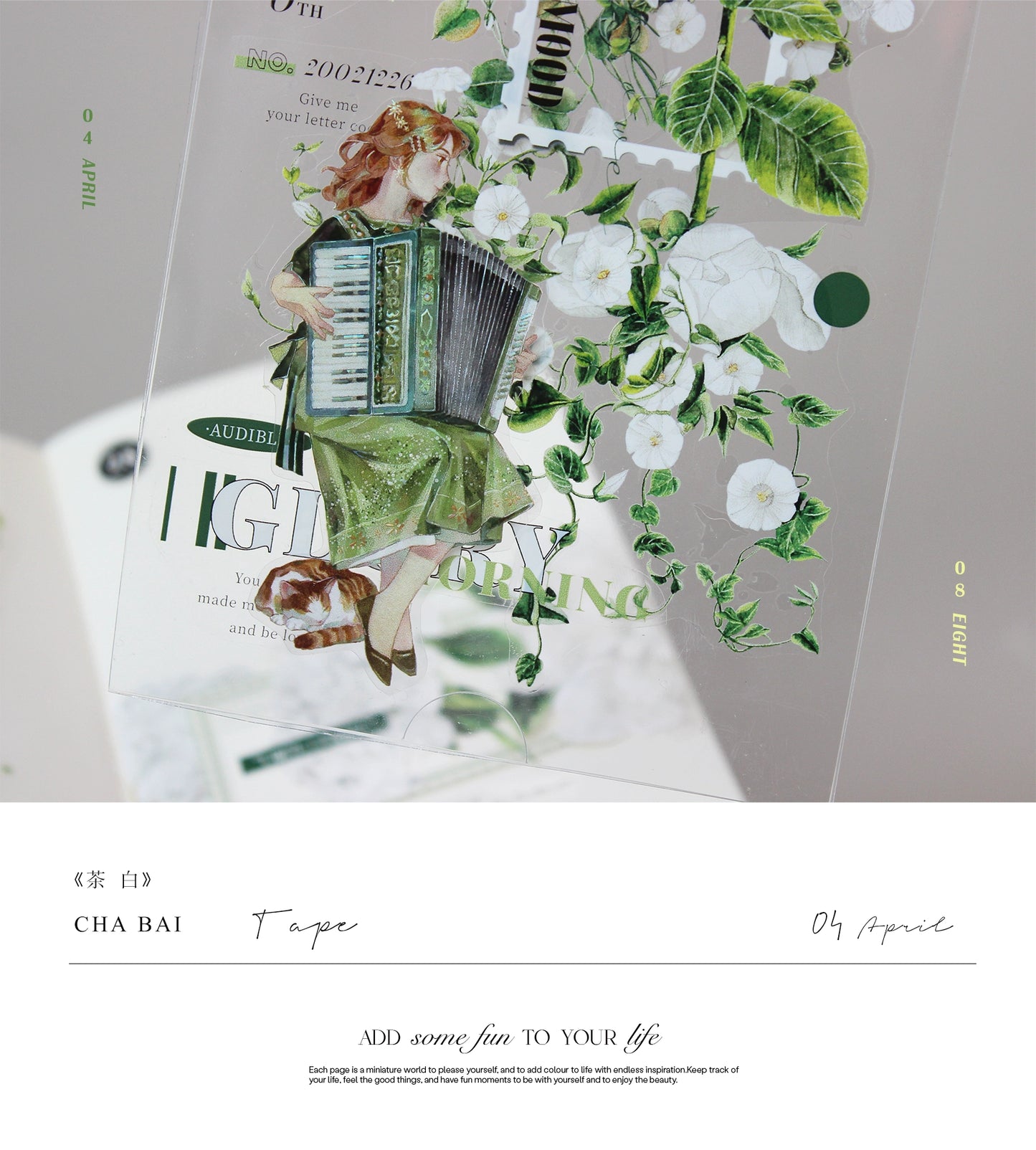 Moodtape【Tea White Camellia】Flower Landscap Original Design Washi/Pet Tape Stickers,for Scrapbook Supplies,Scrapbook Tape Stickers,Junk Journal Supplies