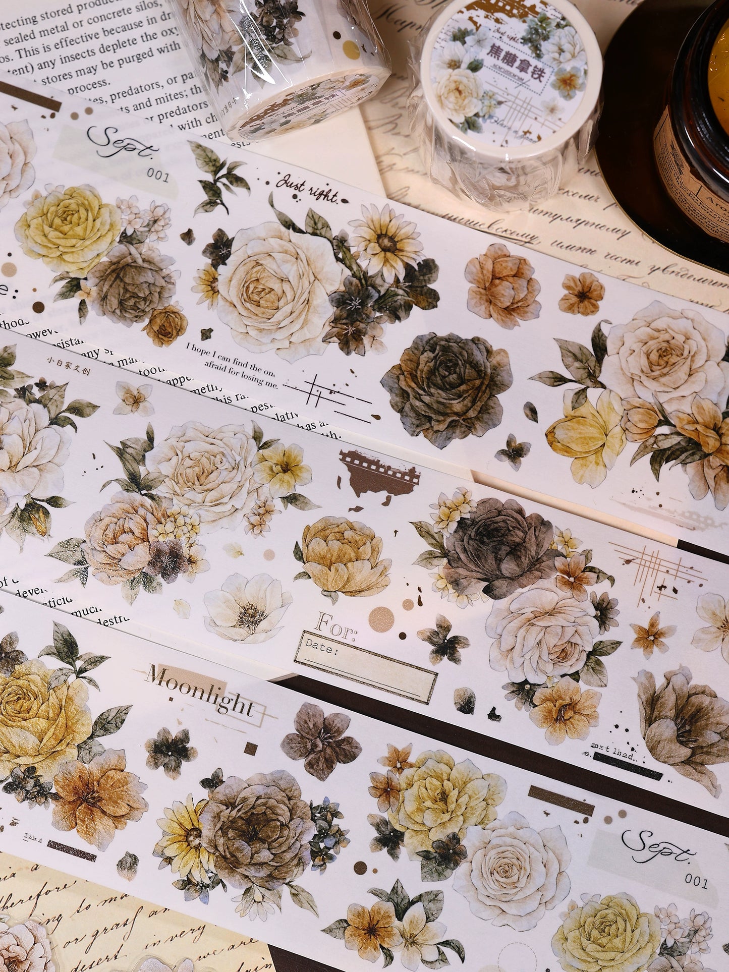 XiaoBaiJia【LanYan / Caramel Latte】Light Retro Flower Orginal Design Washi Pet Floral Tape Landscaping Stickers