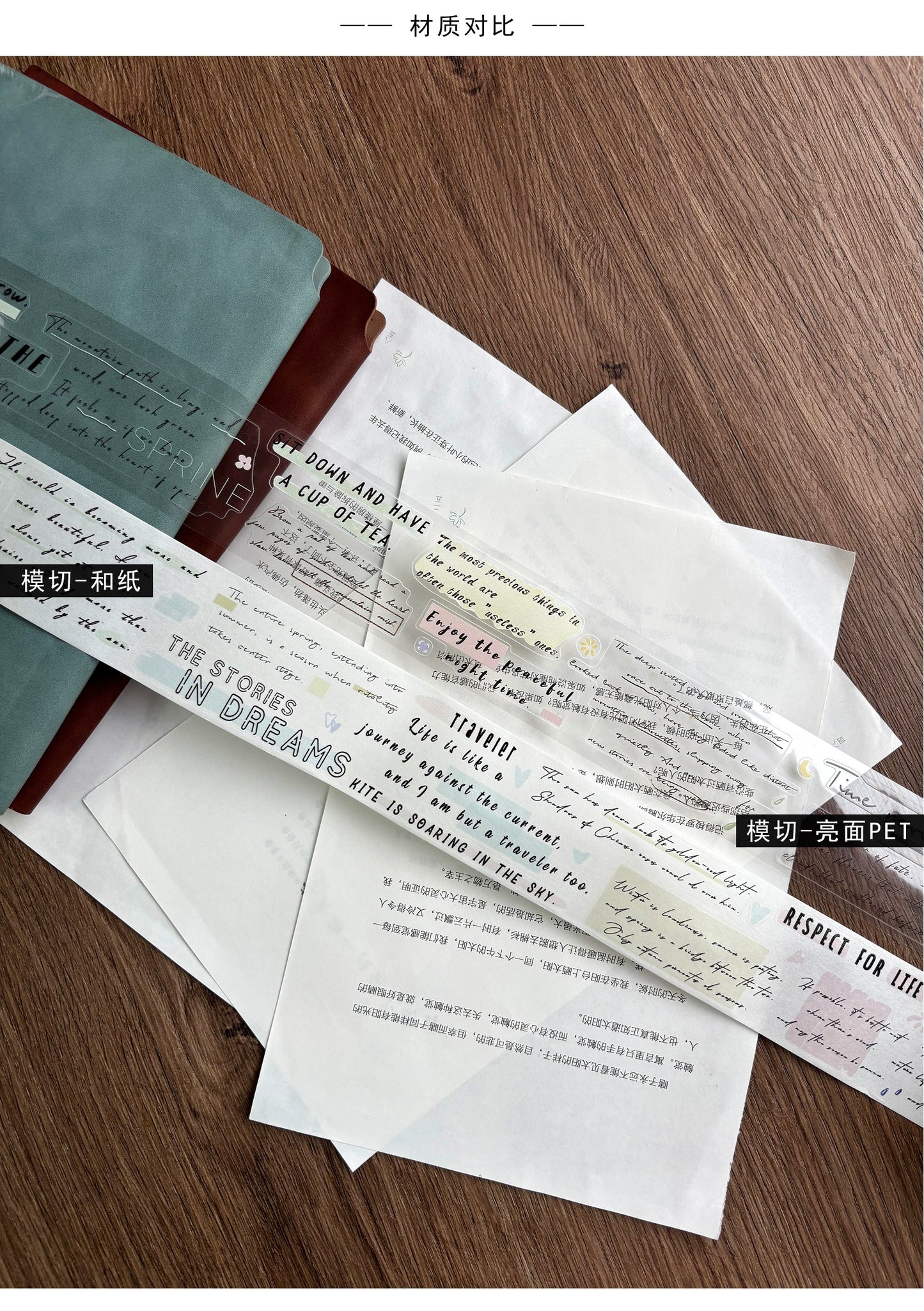 ZiYuanSu【Light Blue and Little Time】Background Text Pre-cut Washi/PET Tape,for Scrapbook Supplies,Scrapbook Tape Stickers,Junk Journal Supplies