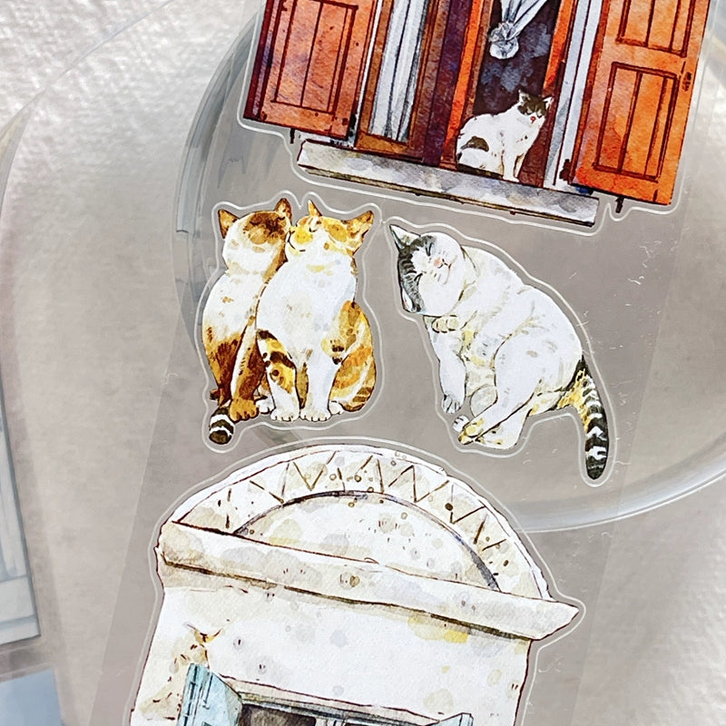 Seahorse Forest Vol5【A31#Inside and Outside】Cute Cat and Doors&Windows Scene,Original Design Pre-Cut Washi/PET Tape Stickers,for Scrapbook Supplies,Junk Journal Supplies
