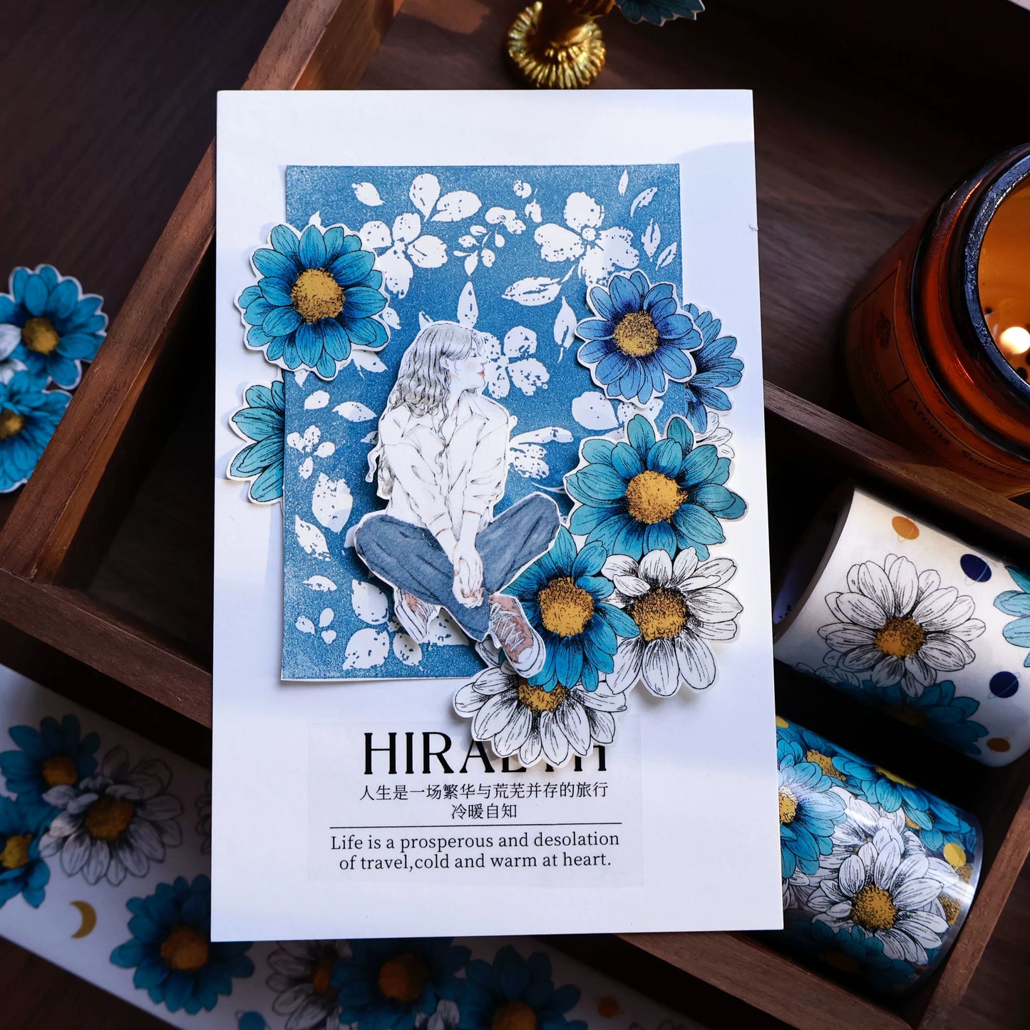 YiEr Vol14【Van Gogh Gardens】Blue Chrysanthemum Floral Washi Tape and PET Stickers
