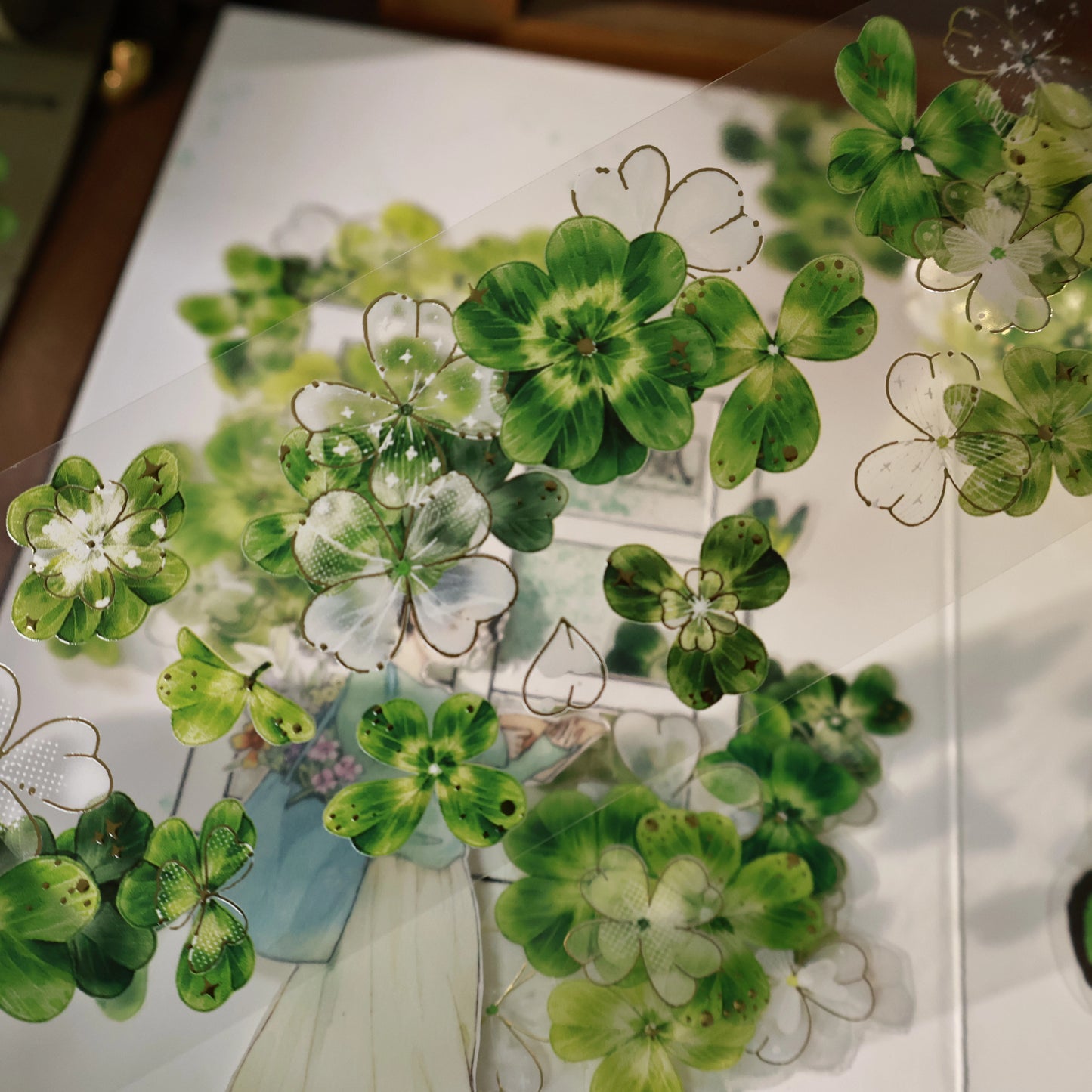 YiEr Vol14【Summer in the Forest Isle】Four Leaf Clover Floral Washi Tape and PET Stickers