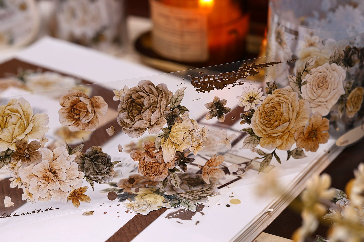 XiaoBaiJia【LanYan / Caramel Latte】Light Retro Flower Orginal Design Washi Pet Floral Tape Landscaping Stickers