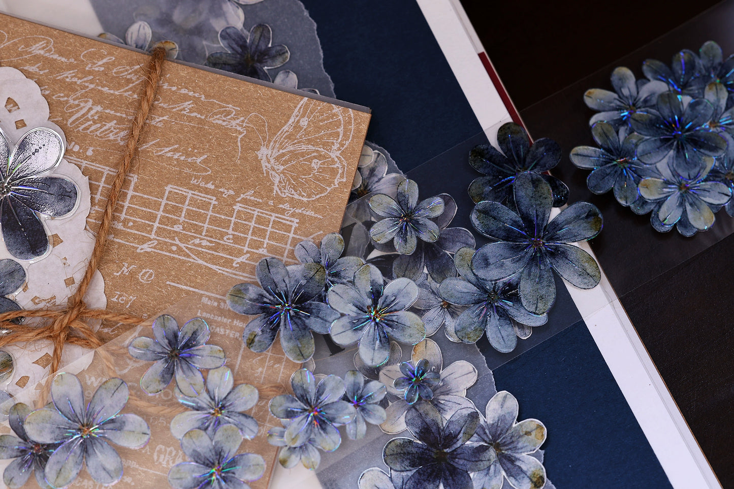XiaoBaiJia【Deep Blue】Light Retro Blue-Black Flower Orginal Design Washi Pet Floral Tape Landscaping Stickers