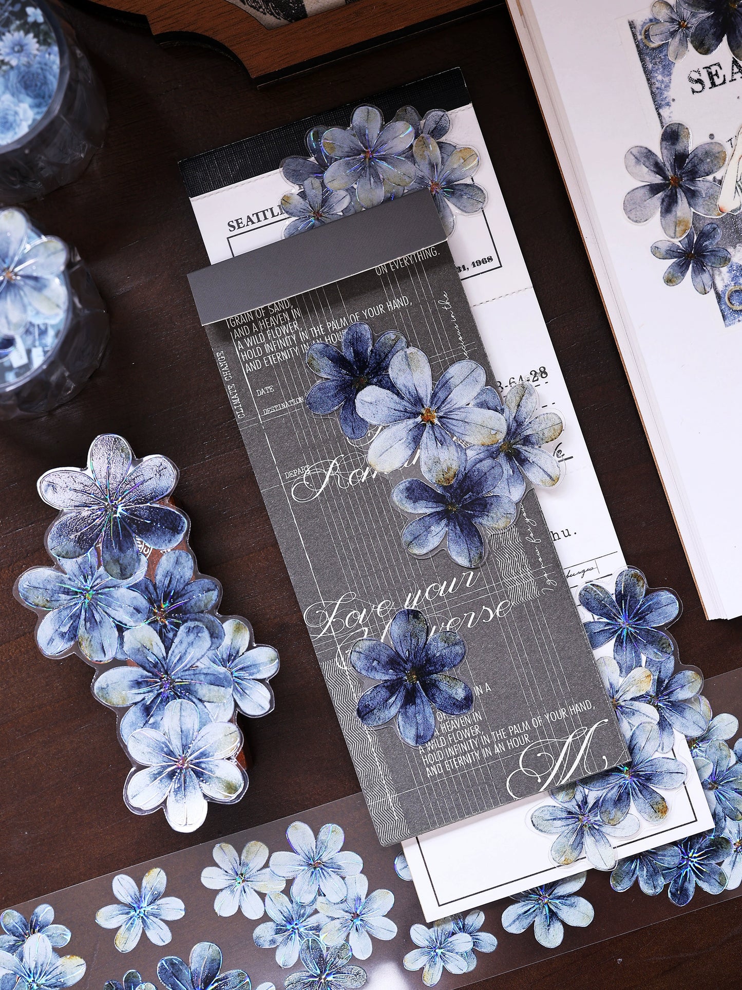 XiaoBaiJia【Deep Blue】Light Retro Blue-Black Flower Orginal Design Washi Pet Floral Tape Landscaping Stickers