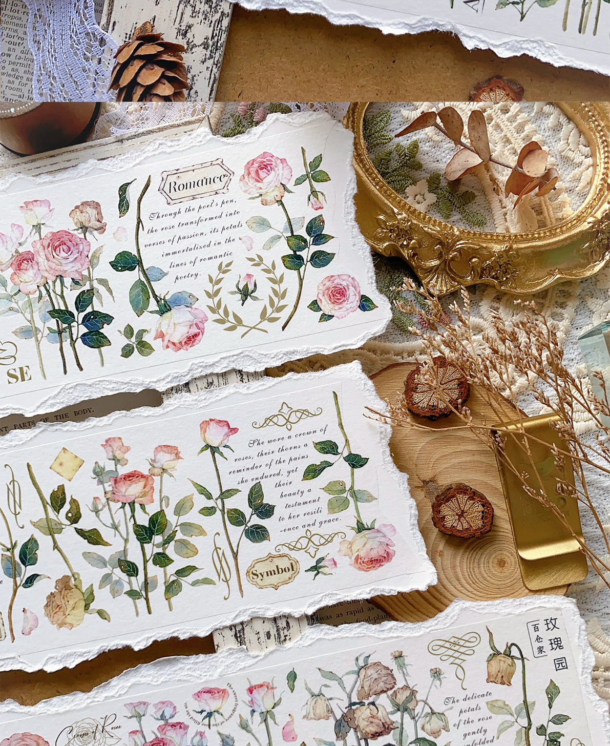 BaiCang【Rose Garden】Orginal Design Washi/Pet Tape Light Retro Landscaping Stickers,for Scrapbook Supplies,Scrapbook Tape Stickers,Junk Journal Supplies