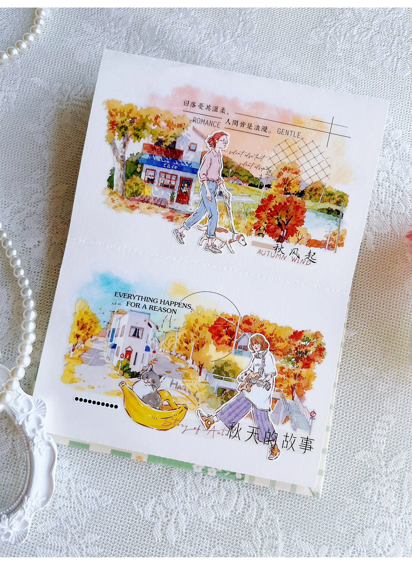ZiYuanSu【Autumn Moon and Spring Breeze】Background Text Pre-cut Washi/PET Tape,for Scrapbook Supplies,Scrapbook Tape Stickers,Junk Journal Supplies