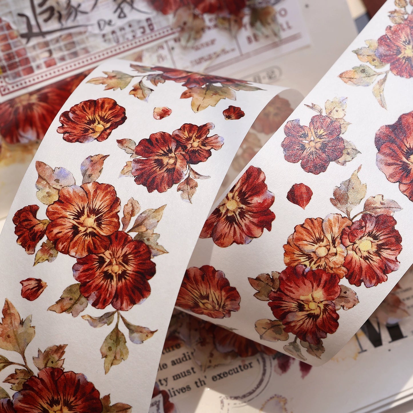 XiaoBaiJia【Hollyhock】Light Retro Red Orange Large and Small Flowers Orginal Design Washi Pet Tape Landscaping Stickers
