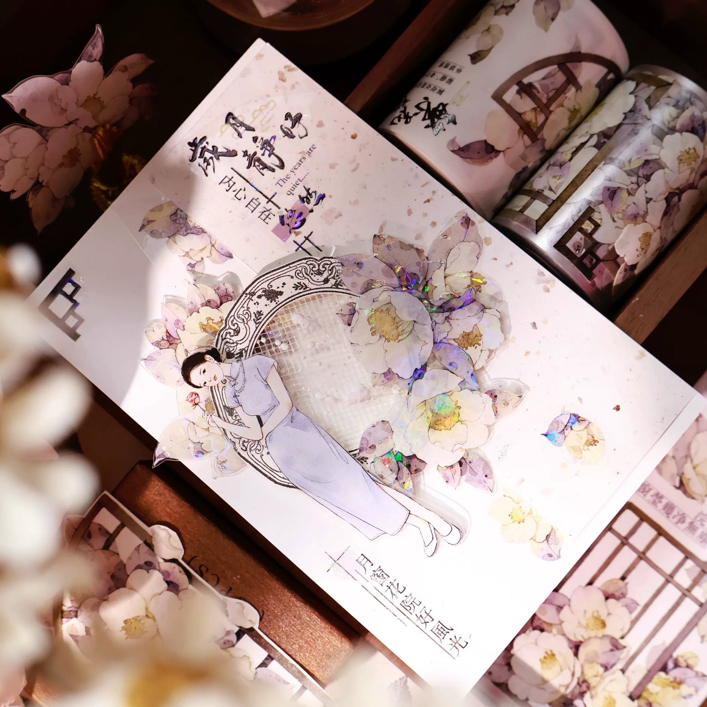 YiEr Vol14【Sparse Shadows Reflected on Window】Ancient Style Rose Floral Washi Tape and PET Stickers