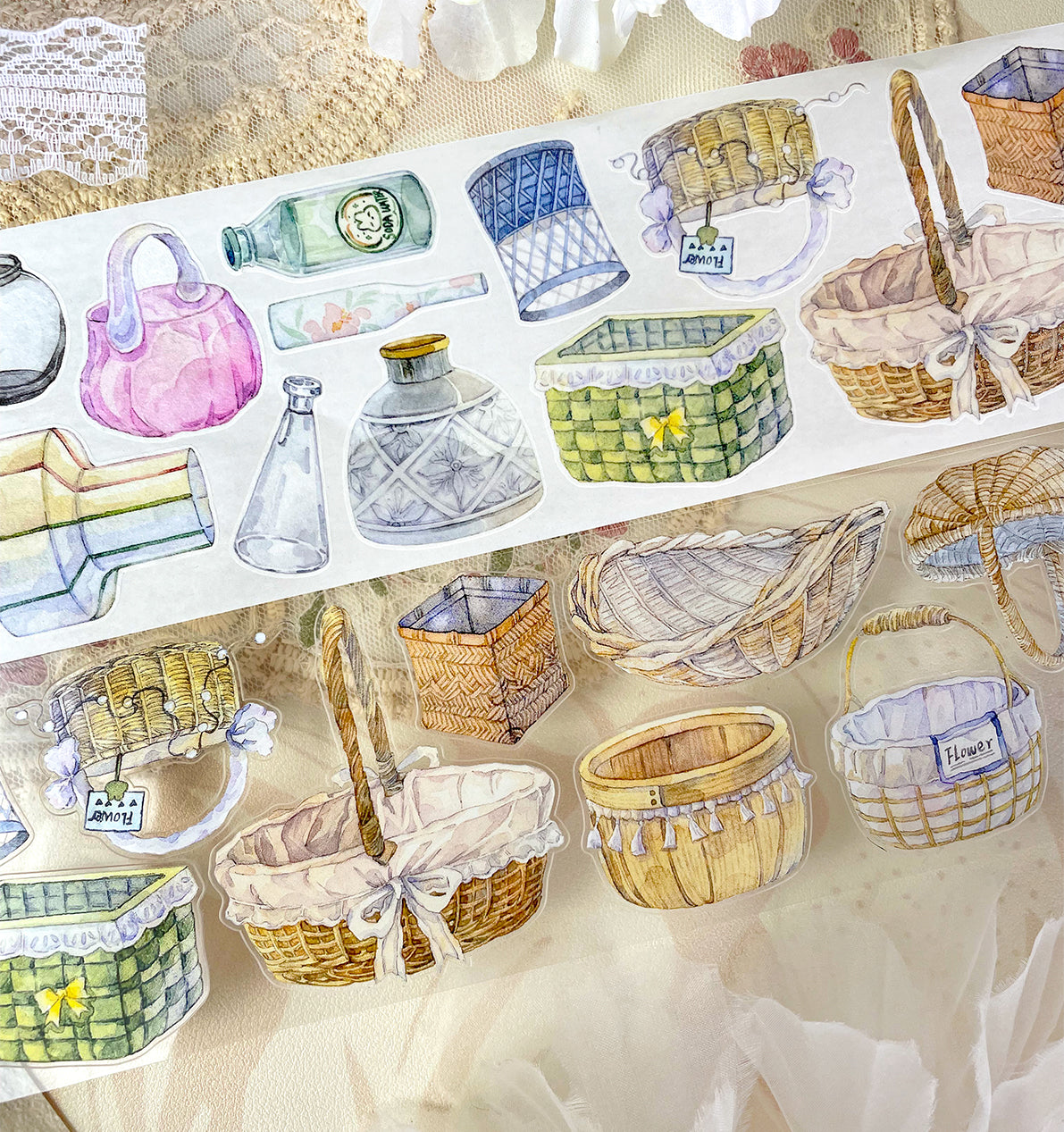 BaiCang【Vase and Flower Basket】Orginal Design Washi/Pet Tape Light Retro Landscaping Stickers,for Scrapbook Supplies,Scrapbook Tape Stickers,Junk Journal Supplies