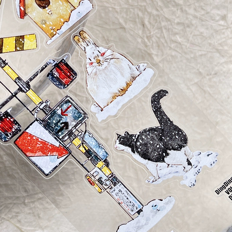 DingDing Vol8【27#Winter】Cute Cat&Rabbit&Fox and Snow Scene,Original Character Design Vintage Casualness Girl Washi/PET Tape Stickers, for Scrapbook Supplies,Scrapbook Tape Stickers,Junk Journal Supplies