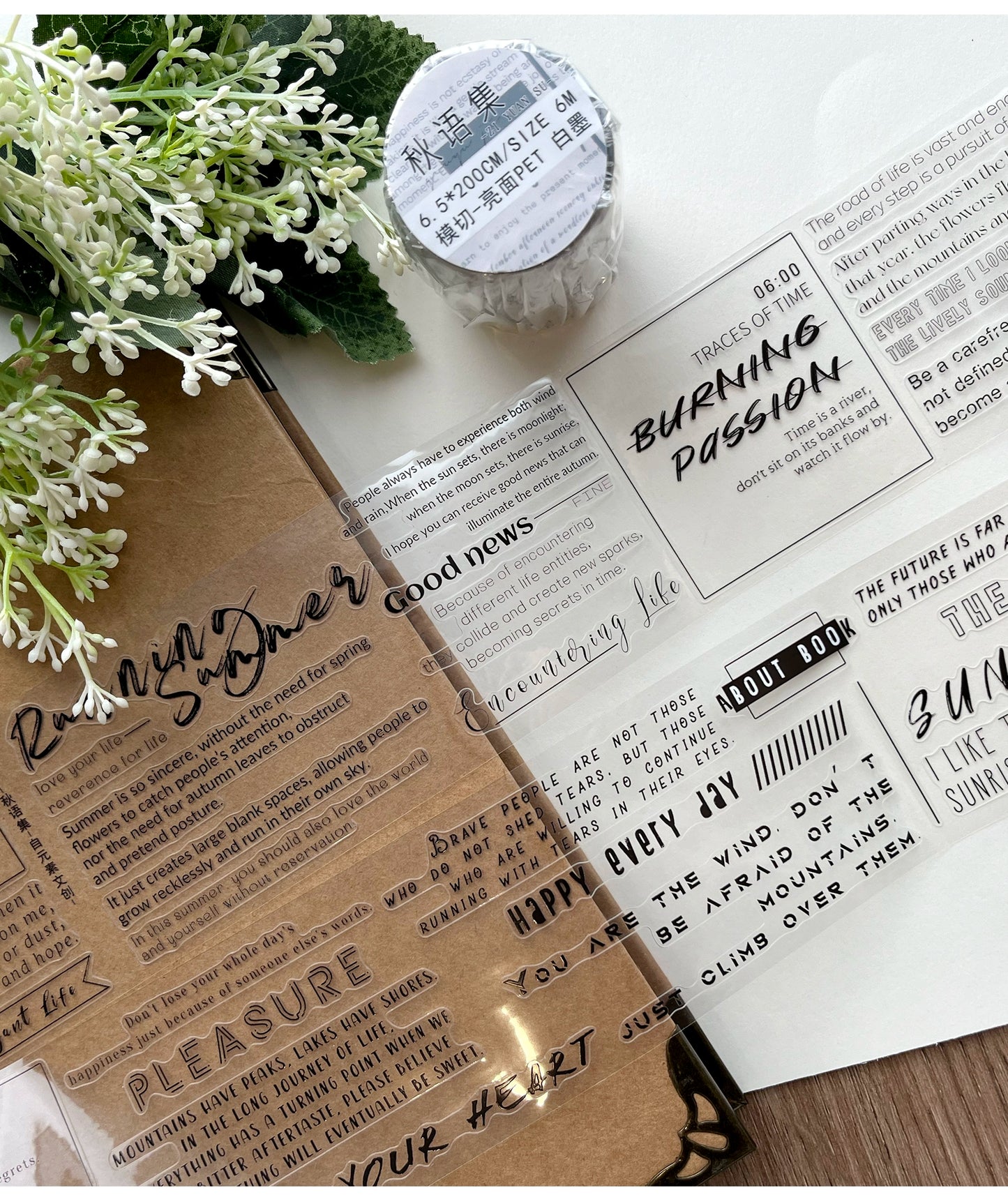 ZiYuanSu【Autumn Language Collection】English Text Pre-cut Washi/PET Tape,for Scrapbook Supplies,Scrapbook Tape Stickers,Junk Journal Supplies
