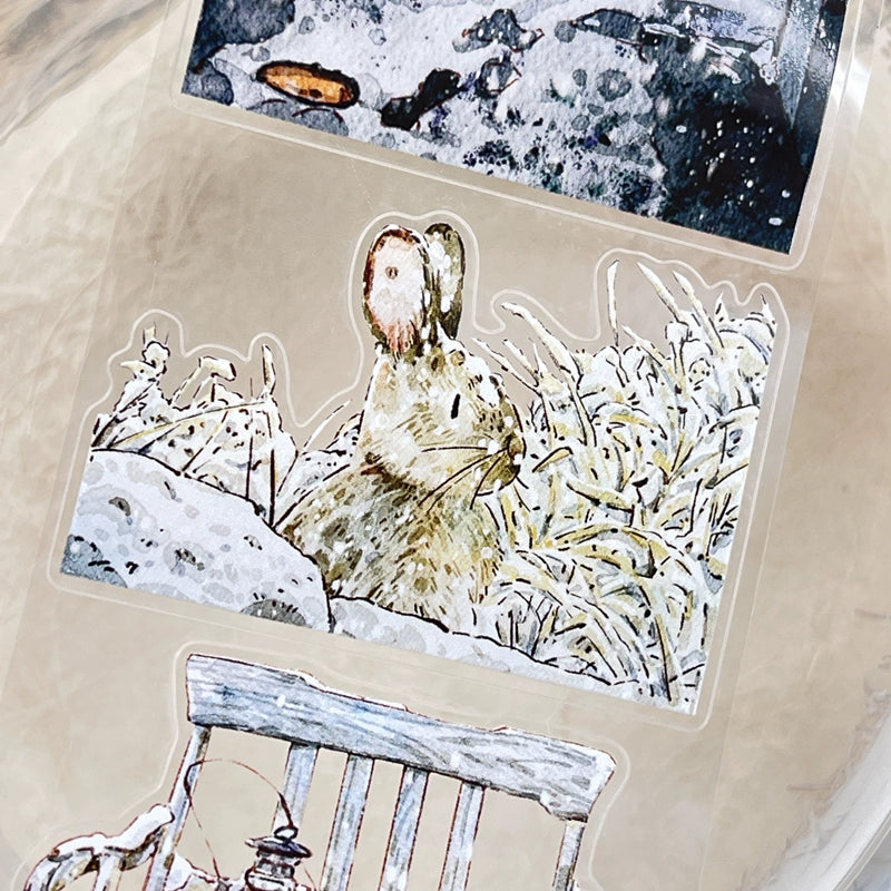 DingDing Vol8【27#Winter】Cute Cat&Rabbit&Fox and Snow Scene,Original Character Design Vintage Casualness Girl Washi/PET Tape Stickers, for Scrapbook Supplies,Scrapbook Tape Stickers,Junk Journal Supplies