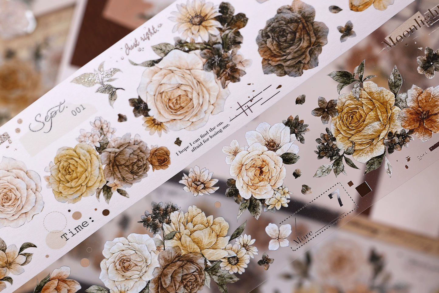 XiaoBaiJia【LanYan / Caramel Latte】Light Retro Flower Orginal Design Washi Pet Floral Tape Landscaping Stickers