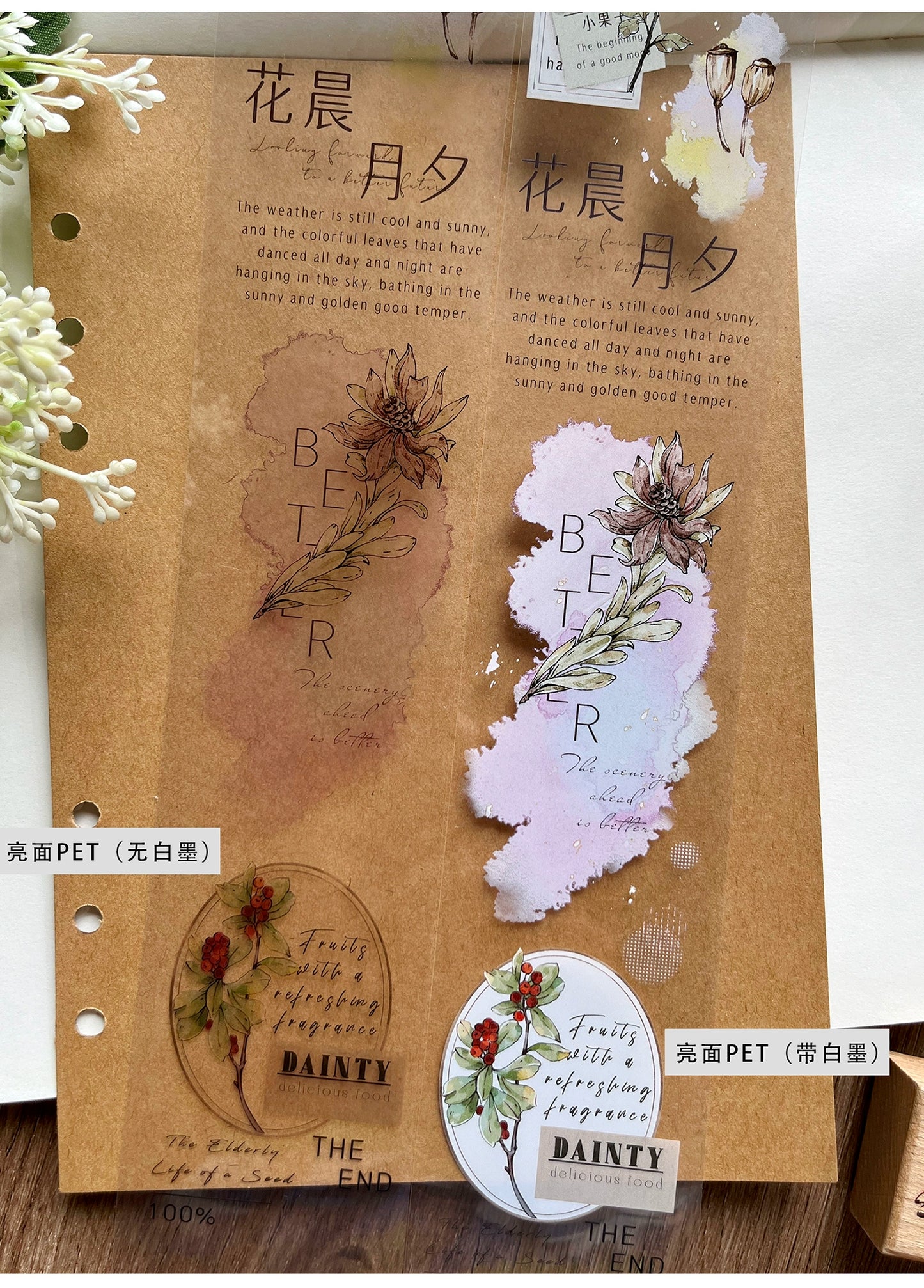 ZiYuanSu【Autumn Like A Dream】English Text Pre-cut Washi/PET Tape,for Scrapbook Supplies,Scrapbook Tape Stickers,Junk Journal Supplies