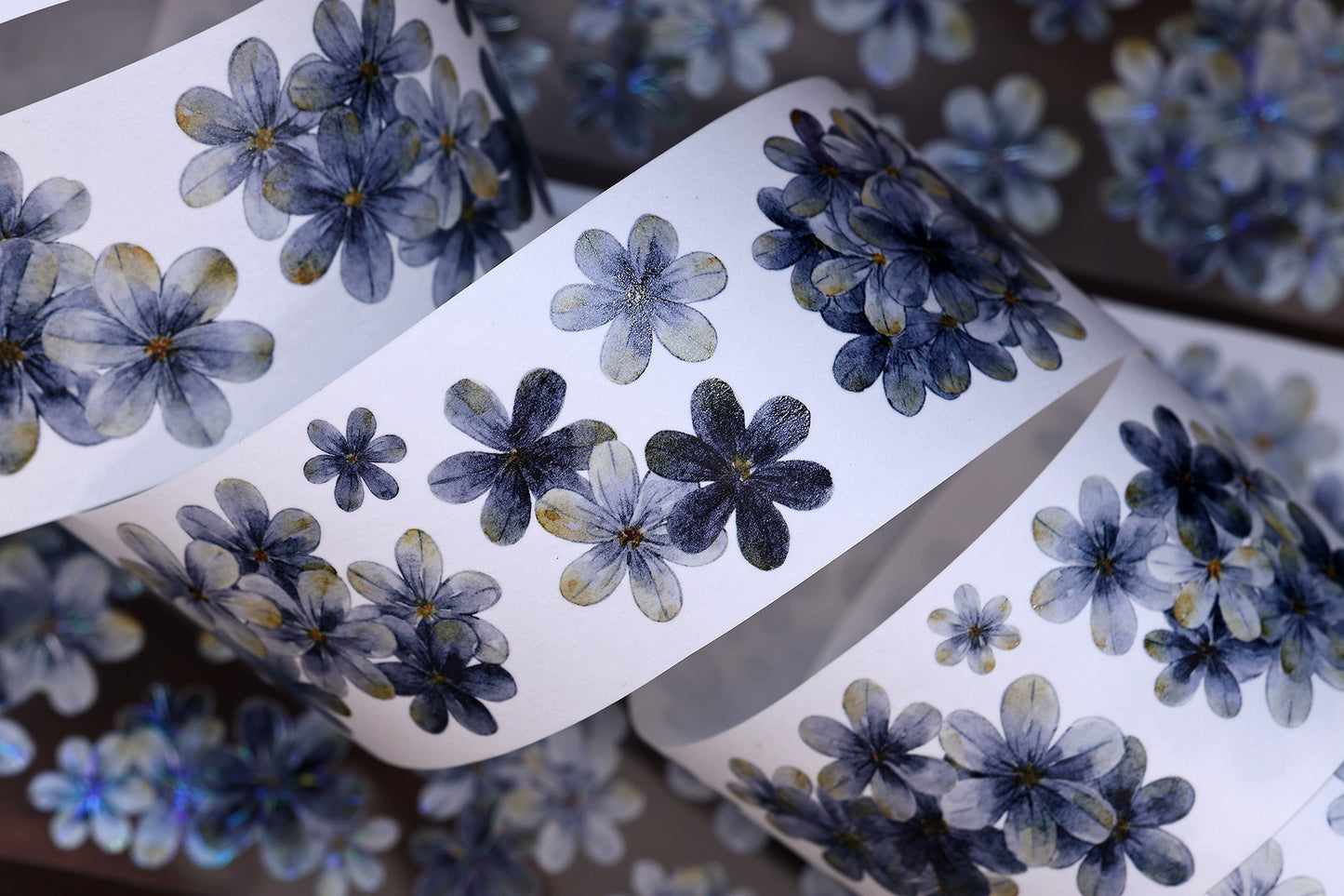 XiaoBaiJia【Deep Blue】Light Retro Blue-Black Flower Orginal Design Washi Pet Floral Tape Landscaping Stickers