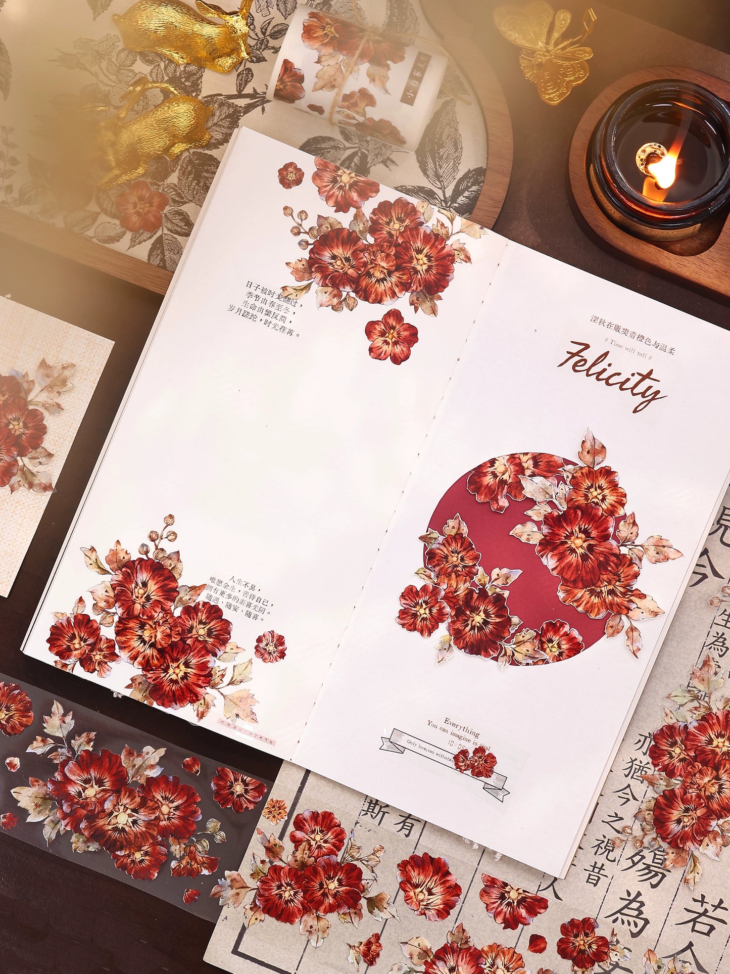 XiaoBaiJia【Hollyhock】Light Retro Red Orange Large and Small Flowers Orginal Design Washi Pet Tape Landscaping Stickers