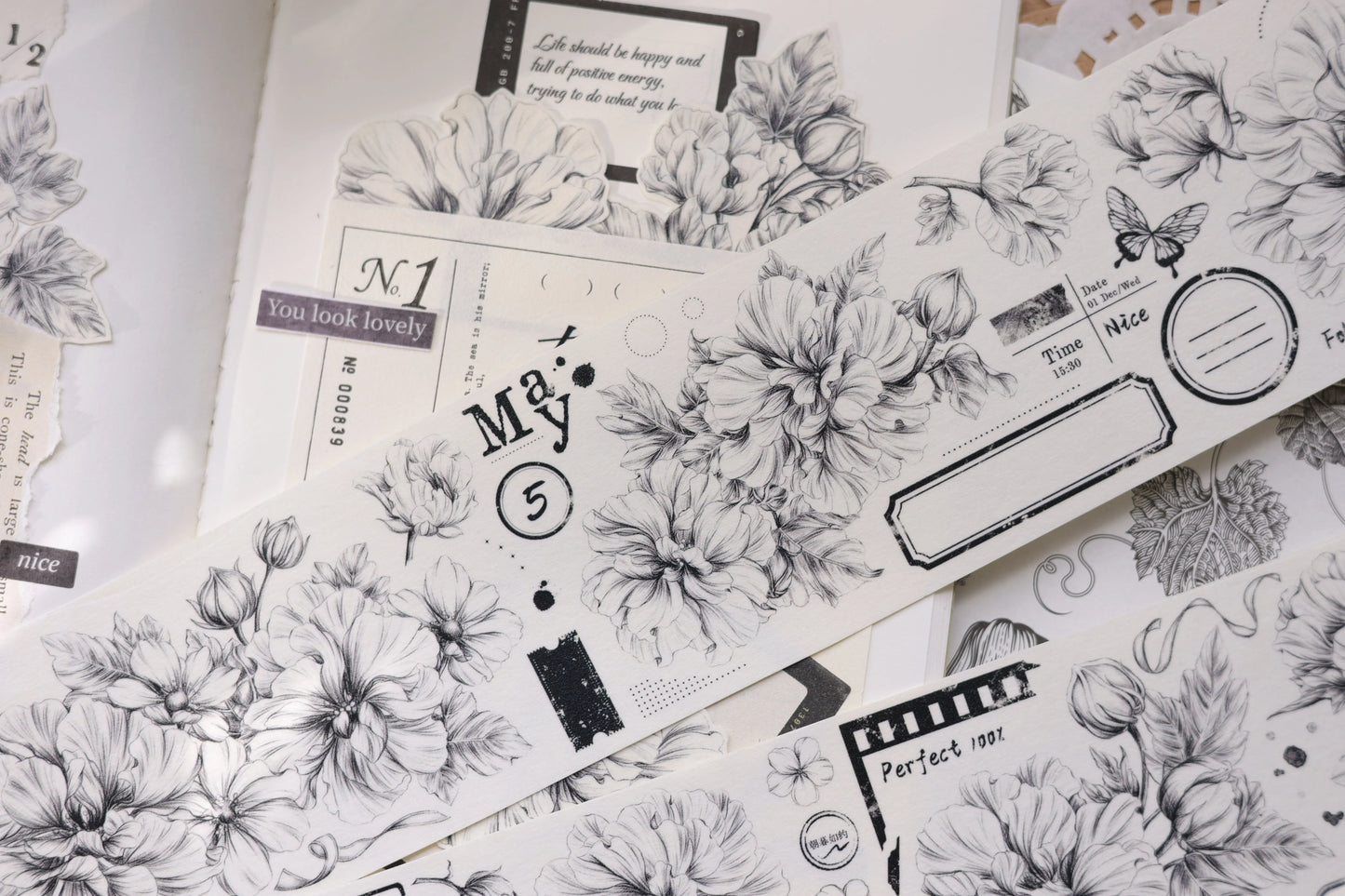 XiaoBaiJia【Black and White Tone】Light Retro Orginal Design Washi Pet Hibiscus Floral Tape Light Retro Landscaping Stickers