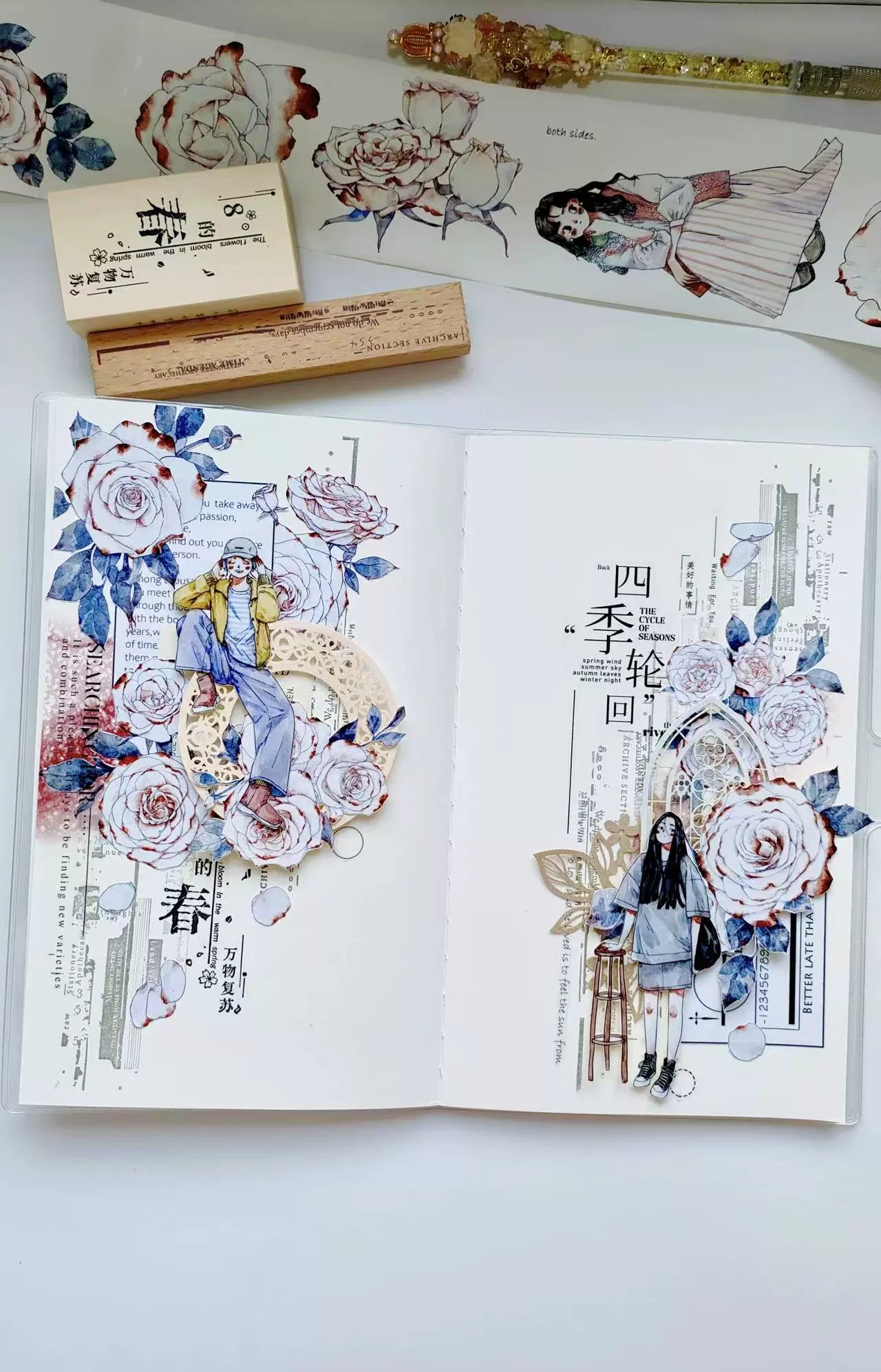 Kaixiaoxun Vol9 【Spring is Shallow】 Pre-Cut Long Loop Washi/Matte PET Tape for Scrapbook Supplies,Junk Journal Supplies