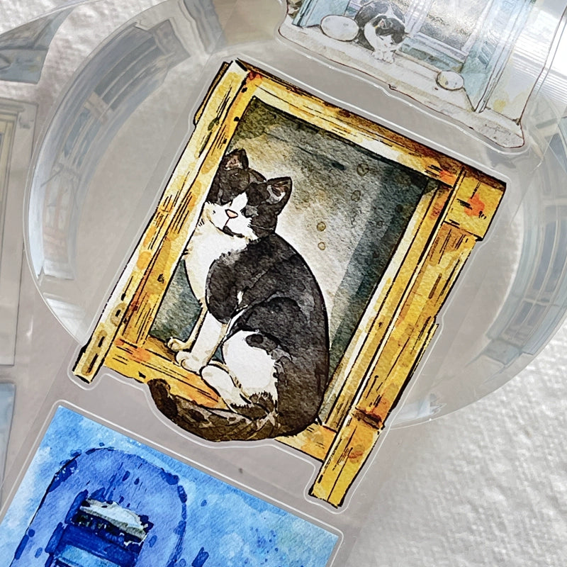Seahorse Forest Vol5【A31#Inside and Outside】Cute Cat and Doors&Windows Scene,Original Design Pre-Cut Washi/PET Tape Stickers,for Scrapbook Supplies,Junk Journal Supplies