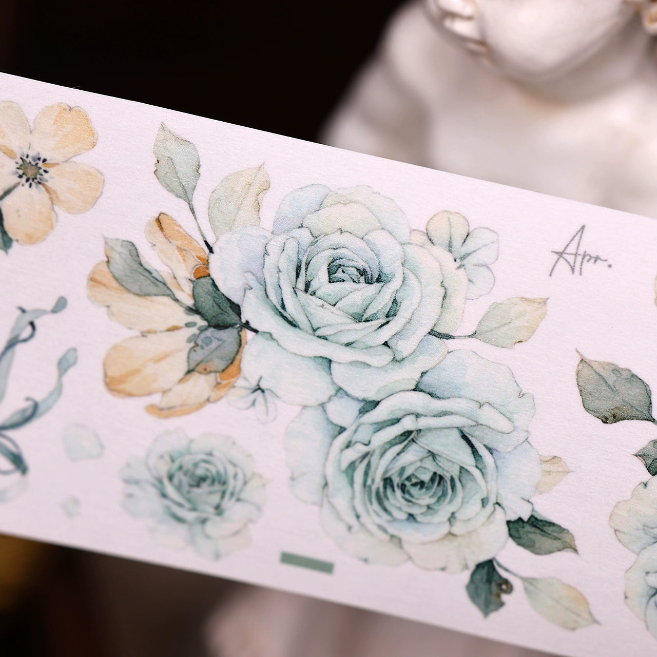 XiaoBaiJia【Clear Sky/Morning Mist】Light Retro Mint Green Flower Orginal Design Washi Pet Floral Tape Landscaping Stickers