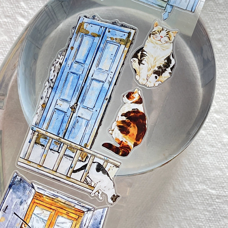 Seahorse Forest Vol5【A31#Inside and Outside】Cute Cat and Doors&Windows Scene,Original Design Pre-Cut Washi/PET Tape Stickers,for Scrapbook Supplies,Junk Journal Supplies