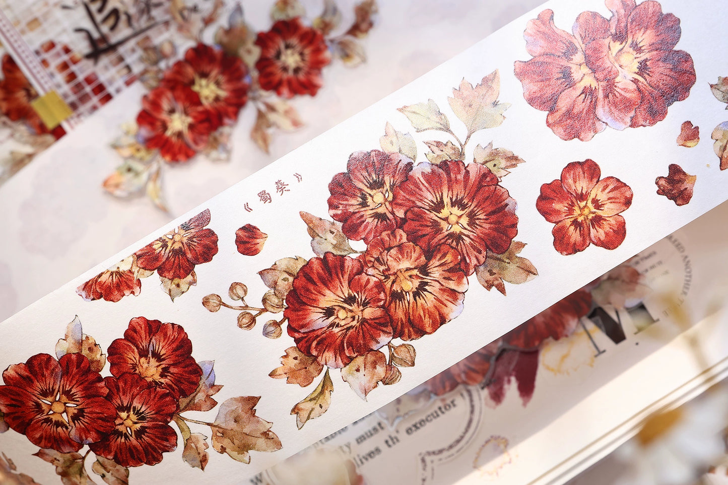 XiaoBaiJia【Hollyhock】Light Retro Red Orange Large and Small Flowers Orginal Design Washi Pet Tape Landscaping Stickers
