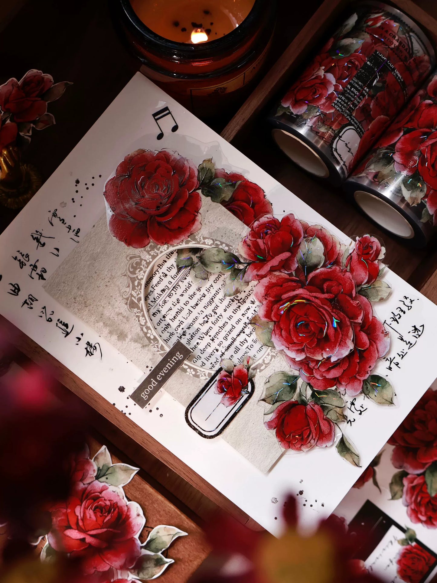 YiEr Vol14【Old Red Paper】Red Rose Floral Washi Tape and PET Stickers