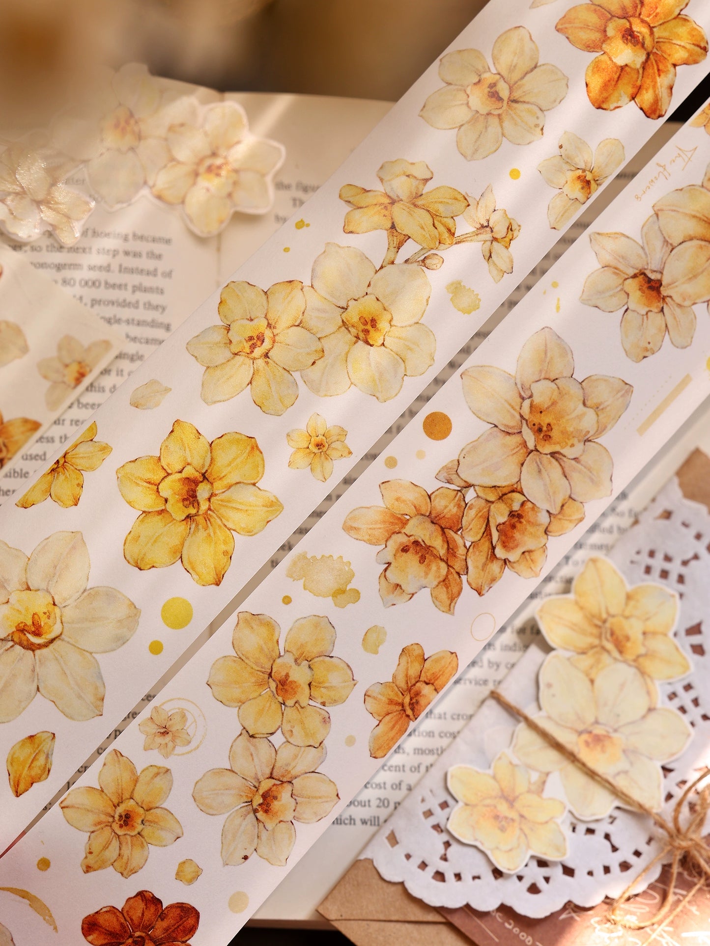 XiaoBaiJia【Narcissus】Light Retro Orange Yellow Big and Small Flowers Orginal Design Washi Pet Tape Landscaping Stickers