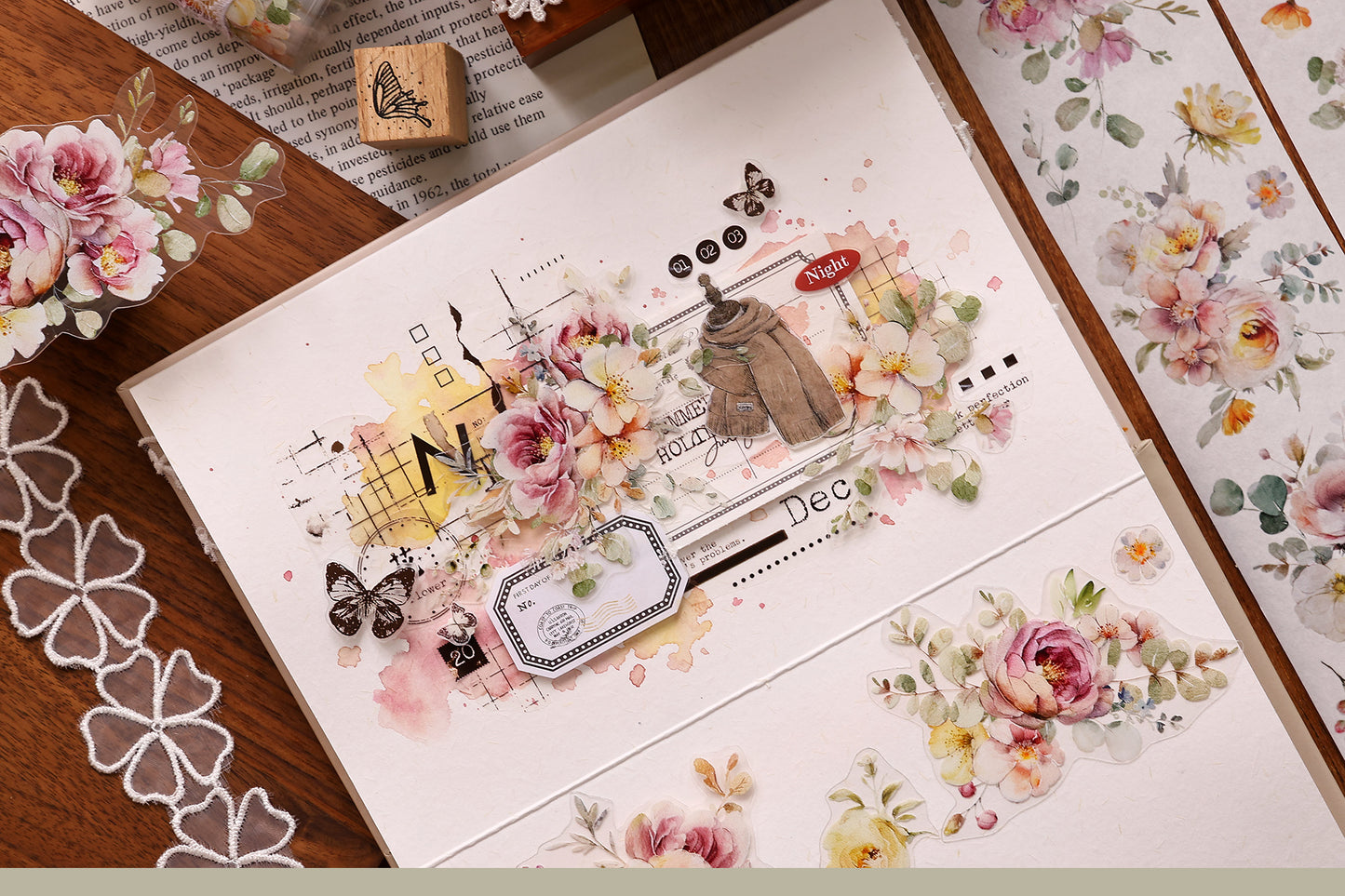 XiaoBaiJia 【Numerous Flowers】Orginal Design Washi/Pet Tape Light Retro Landscaping Stickers,for Scrapbook Supplies,Scrapbook Tape Stickers,Junk Journal Supplies