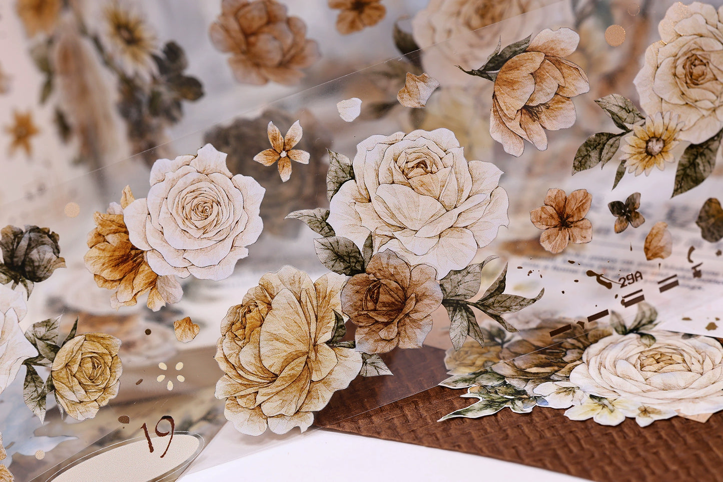 XiaoBaiJia【LanYan / Caramel Latte】Light Retro Flower Orginal Design Washi Pet Floral Tape Landscaping Stickers