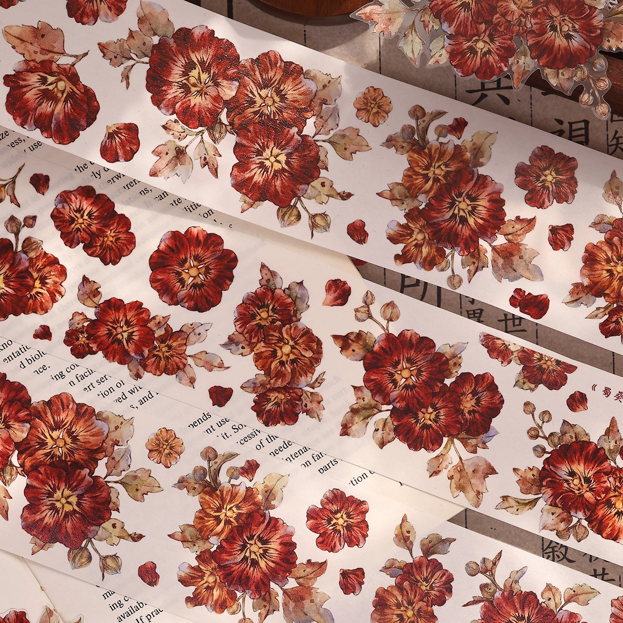 XiaoBaiJia【Hollyhock】Light Retro Red Orange Large and Small Flowers Orginal Design Washi Pet Tape Landscaping Stickers