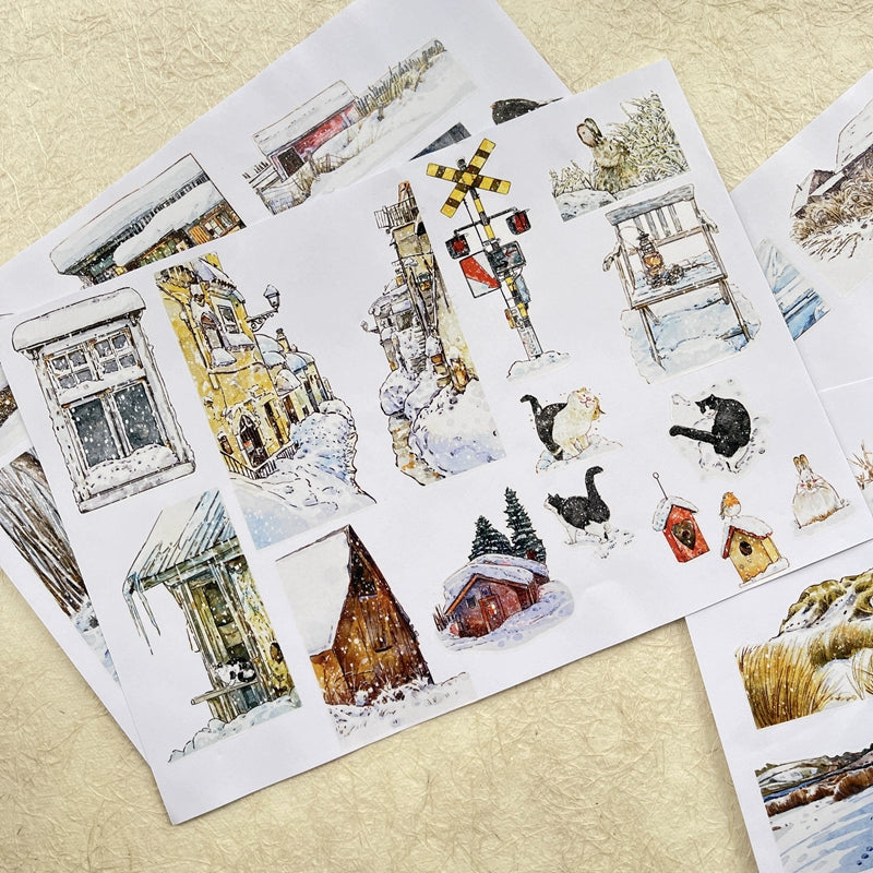 DingDing Vol8【27#Winter】Cute Cat&Rabbit&Fox and Snow Scene,Original Character Design Vintage Casualness Girl Washi/PET Tape Stickers, for Scrapbook Supplies,Scrapbook Tape Stickers,Junk Journal Supplies