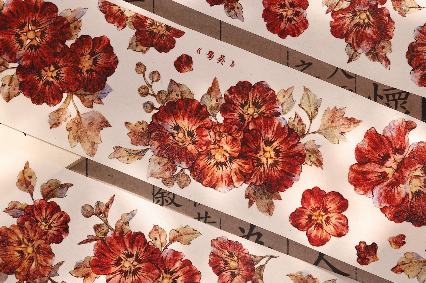 XiaoBaiJia【Hollyhock】Light Retro Red Orange Large and Small Flowers Orginal Design Washi Pet Tape Landscaping Stickers