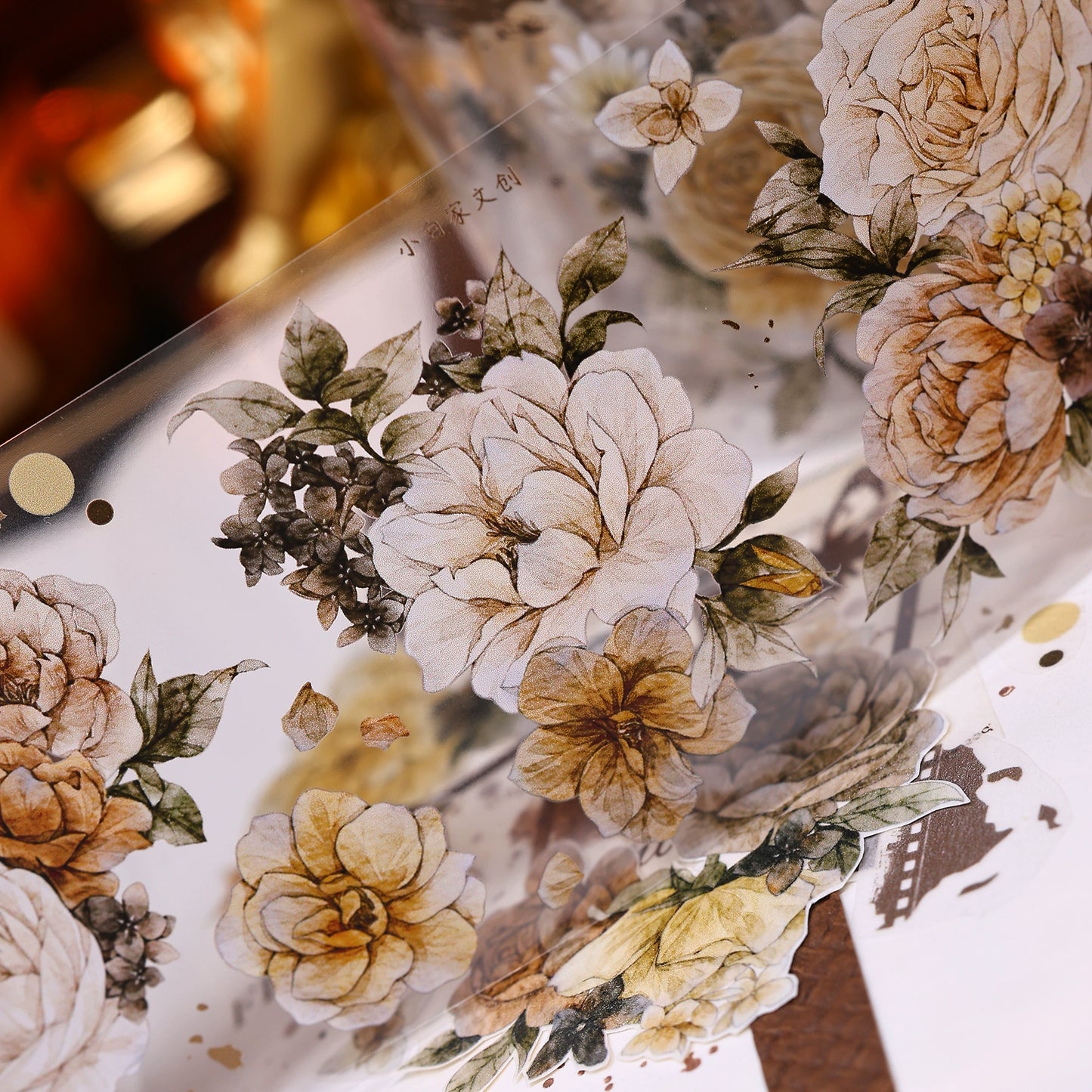 XiaoBaiJia【LanYan / Caramel Latte】Light Retro Flower Orginal Design Washi Pet Floral Tape Landscaping Stickers