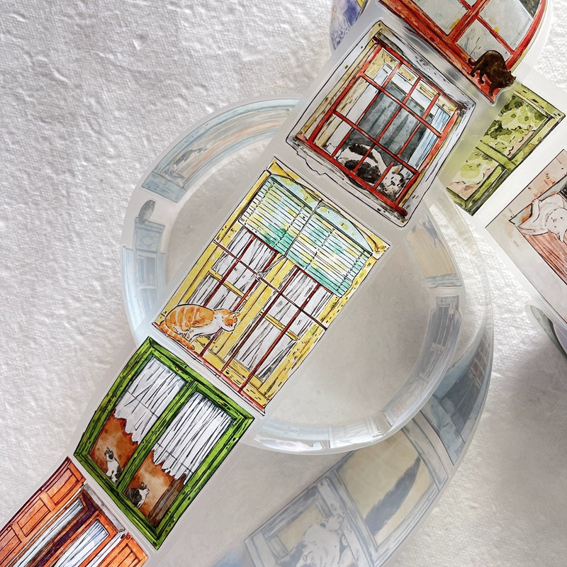 Seahorse Forest Vol5【A31#Inside and Outside】Cute Cat and Doors&Windows Scene,Original Design Pre-Cut Washi/PET Tape Stickers,for Scrapbook Supplies,Junk Journal Supplies
