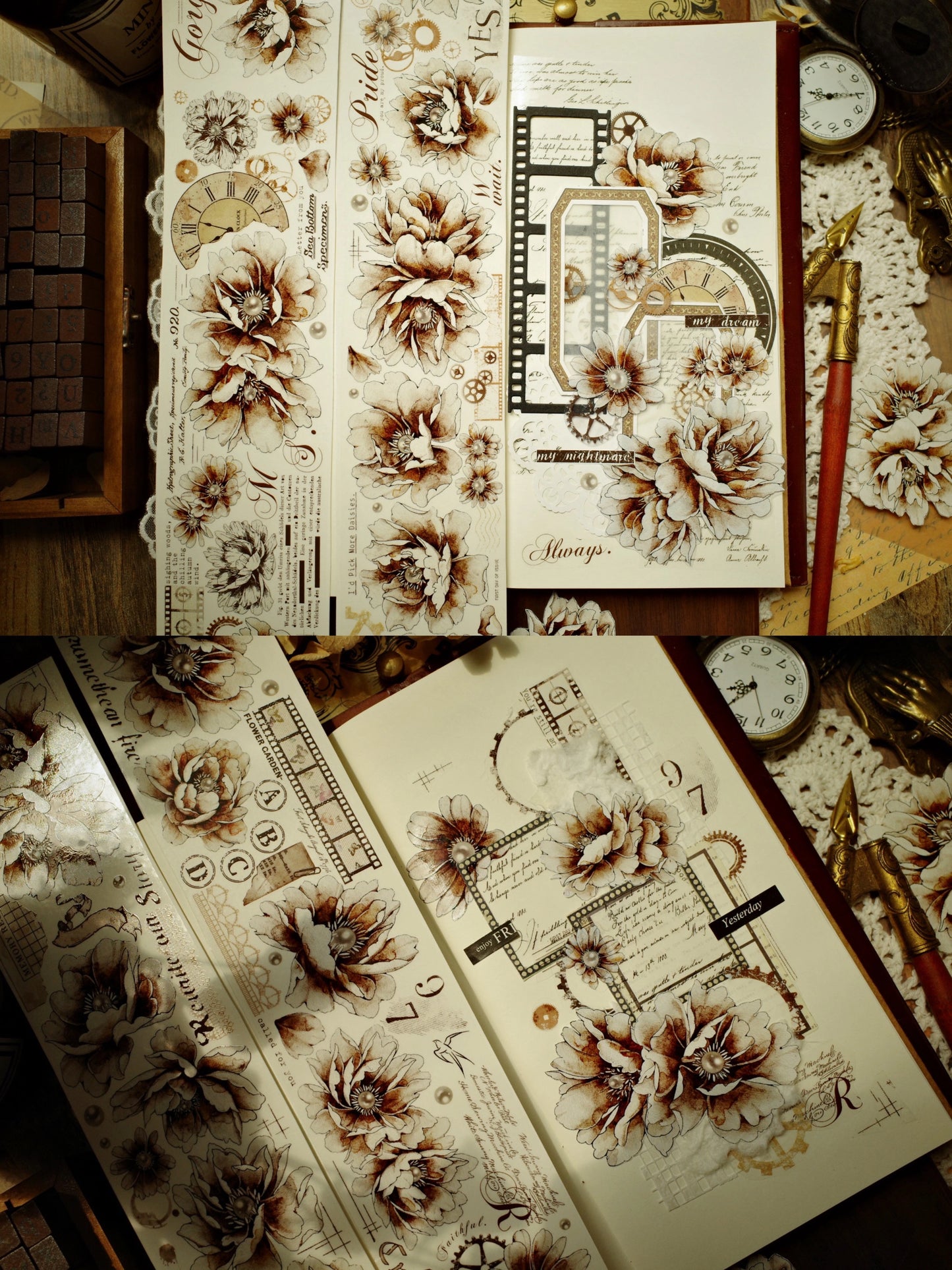 YiEr【Old Times】Orginal Design Washi/Pet Tape Light Retro Floral Stickers