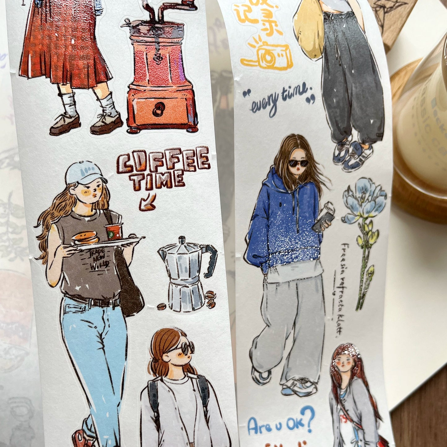 ZiYuanSu Vol12【Coffee Freedom&Comfortable Season】Pre-Cut Original Design Character Washi/PET Tape Stickers, for Scrapbook Supplies,Scrapbook Tape Stickers,Junk Journal Supplies, Journaling Stickers,Bullet Journals