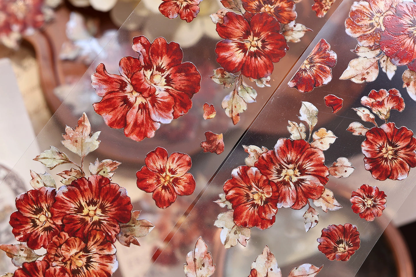XiaoBaiJia【Hollyhock】Light Retro Red Orange Large and Small Flowers Orginal Design Washi Pet Tape Landscaping Stickers
