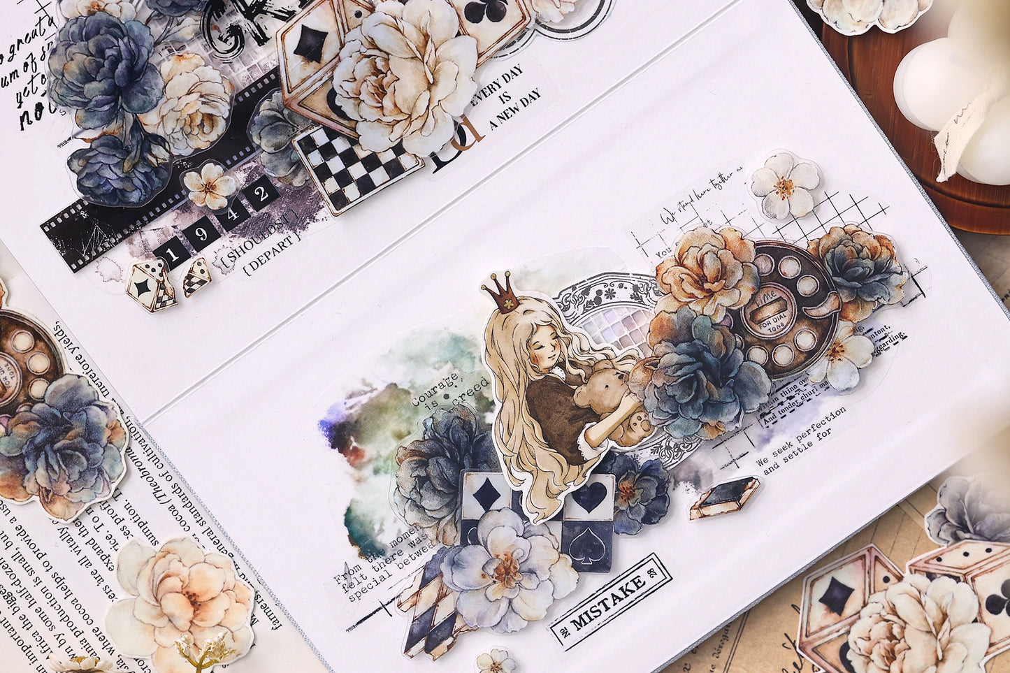 XiaoBaiJia【Black and White Dream】Light Retro Rose Black and White Follower Orginal Design Washi Pet Tape Landscaping Stickers
