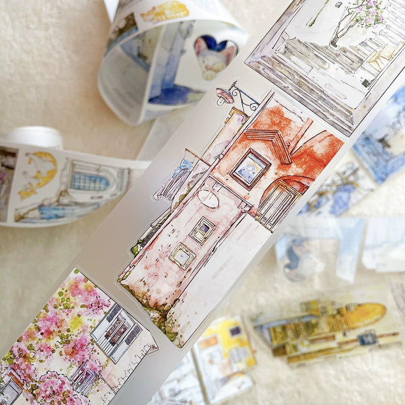 Seahorse Forest Vol6【A38#Corner】Cute Cat and House Scenery,Original Design Pre-Cut Washi/PET Tape Stickers,for Scrapbook Supplies,Junk Journal Supplies