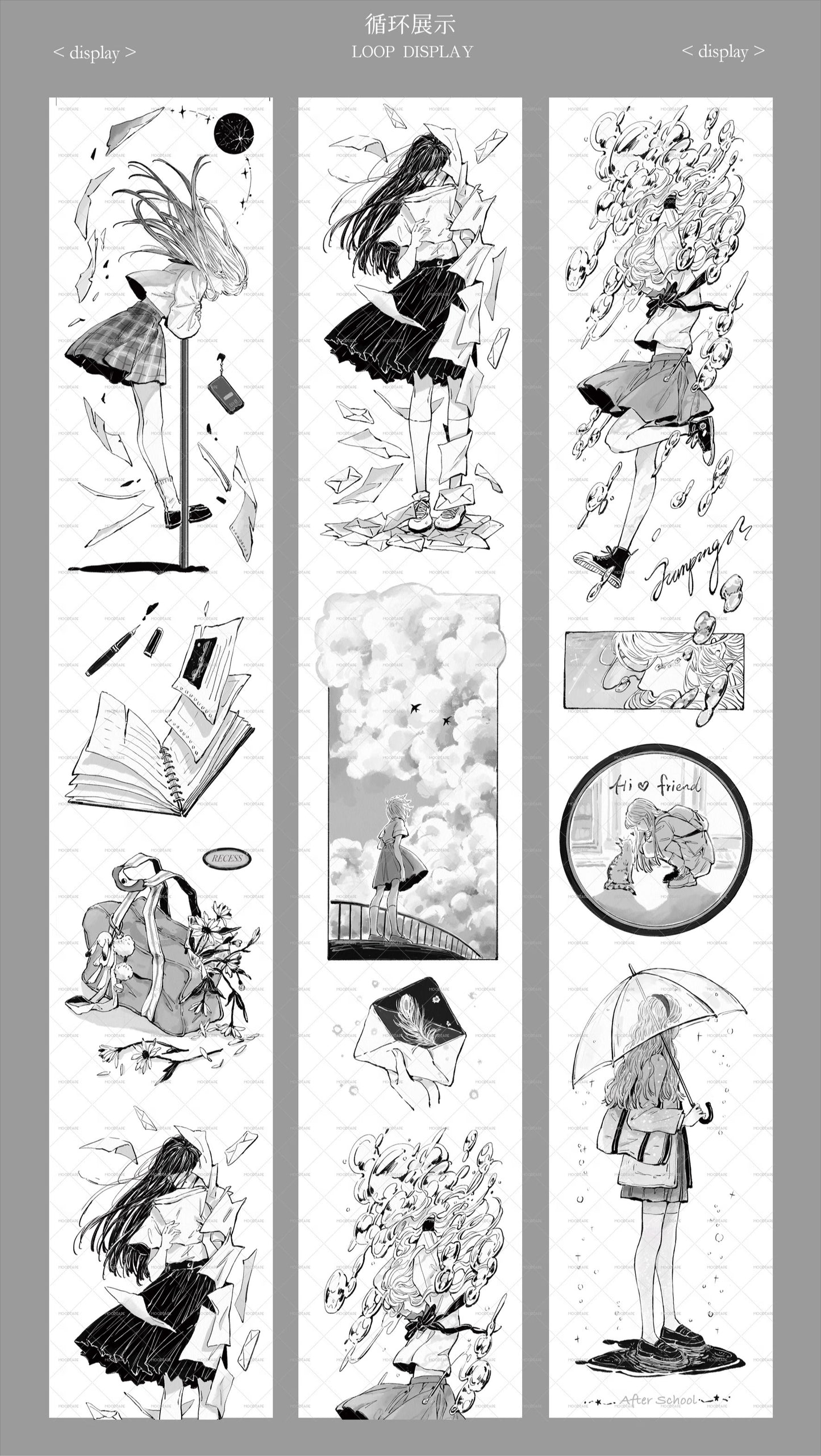 Moodtape【Pure Grid Pattern&Wind Blows Thoughts&Blue Seasons&Bright Sunshine】Cute Character Original Washi Tape Stickers,for Scrapbook Supplies,Scrapbook Tape Stickers,Junk Journal Supplies