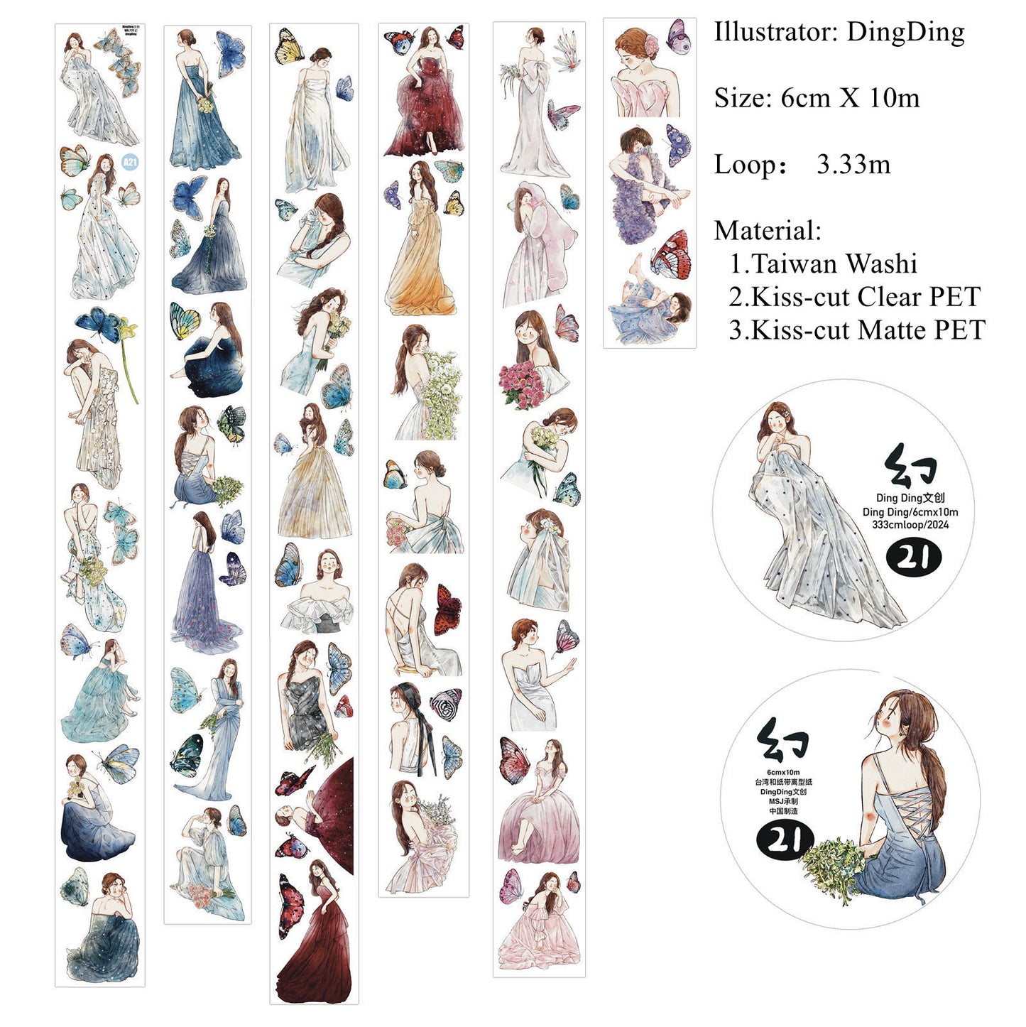 DingDing Vol7【21#Magic】Original Character Design Vintage Casualness Girl Washi/PET Tape Stickers, for Scrapbook Supplies,Scrapbook Tape Stickers,Junk Journal Supplies