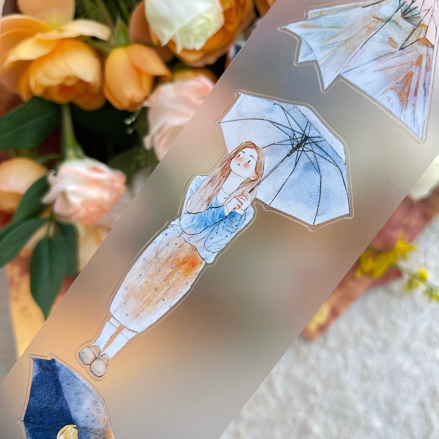 DingDing Vol14【53#Rainy】Original Design Kiss-Cut Washi PET Tape Stickers,for Scrapbook Supplies,Journaling,Junk Journal,Bullet Journal,Planner Stickers