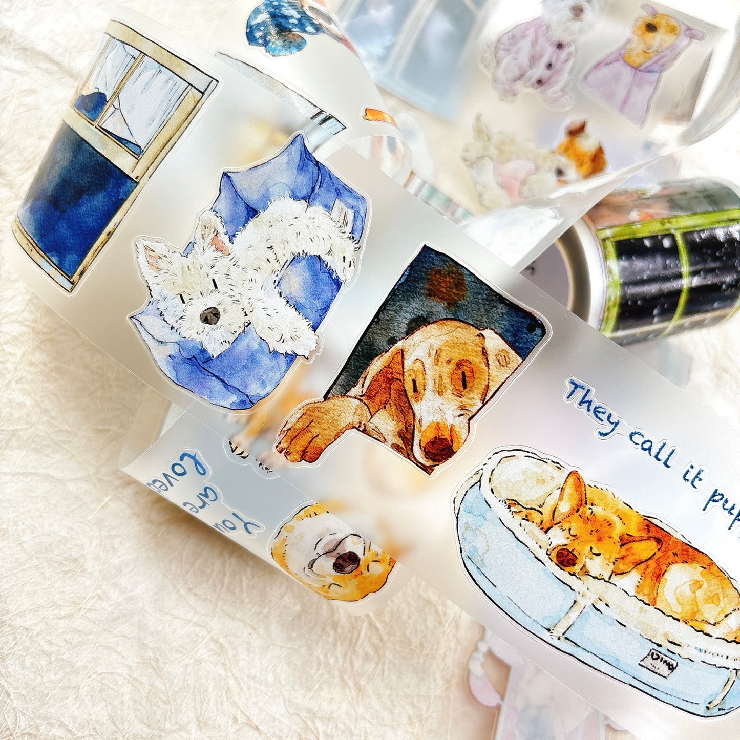 DingDing Vol15【55#Here's a Dog】Original Design Kiss-Cut Washi PET Tape Stickers,for Scrapbook Supplies,Journaling,Junk Journal,Bullet Journal,Planner Stickers