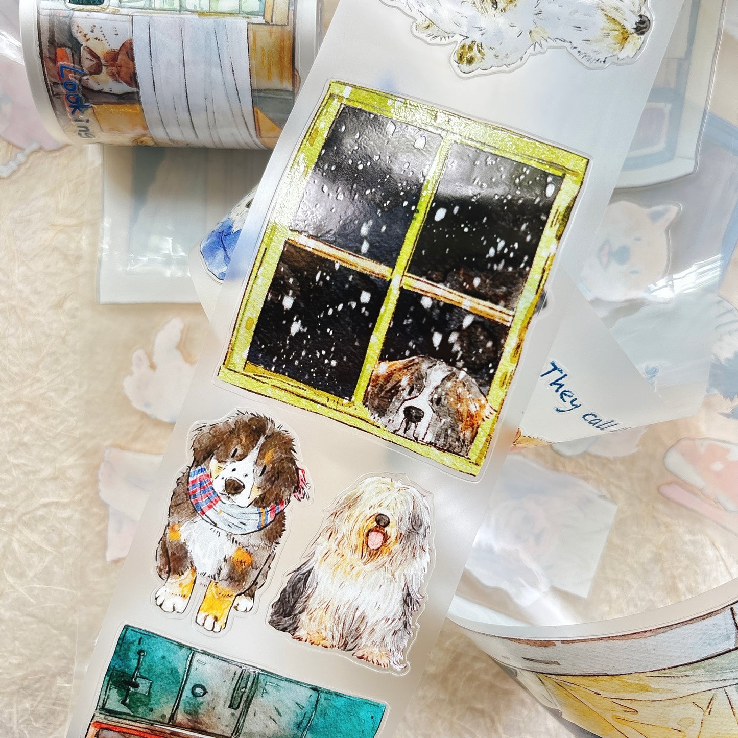 DingDing Vol15【55#Here's a Dog】Original Design Kiss-Cut Washi PET Tape Stickers,for Scrapbook Supplies,Journaling,Junk Journal,Bullet Journal,Planner Stickers